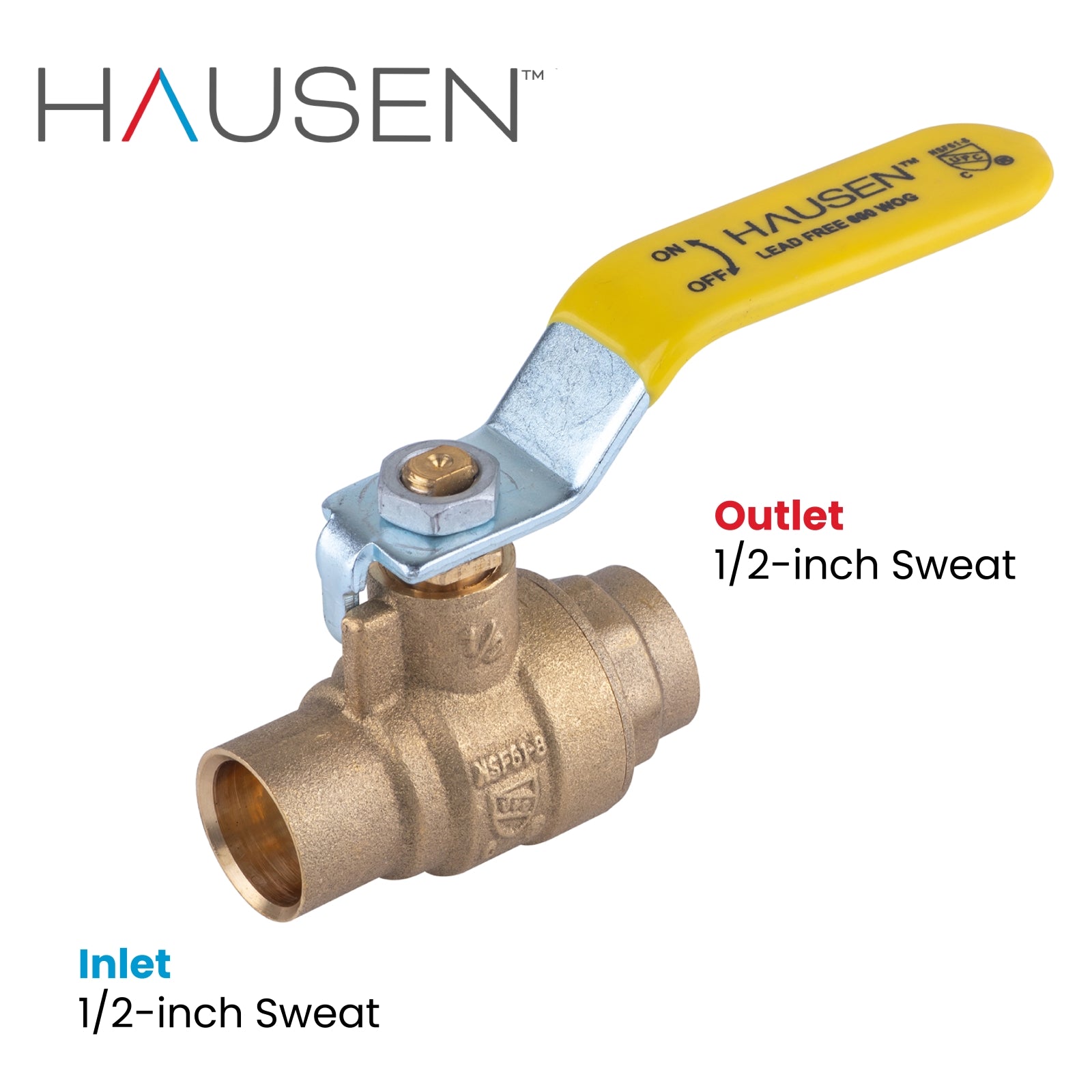 Hausen 1/2-inch Sweat x 1/2-inch Sweat Full Port Brass Ball Valve; Lead Free Forged Brass; Blowout Resistant Stem; cUPC/ANSI/NSF Certified; For Use in Potable Water Distribution Systems, 1-Pack