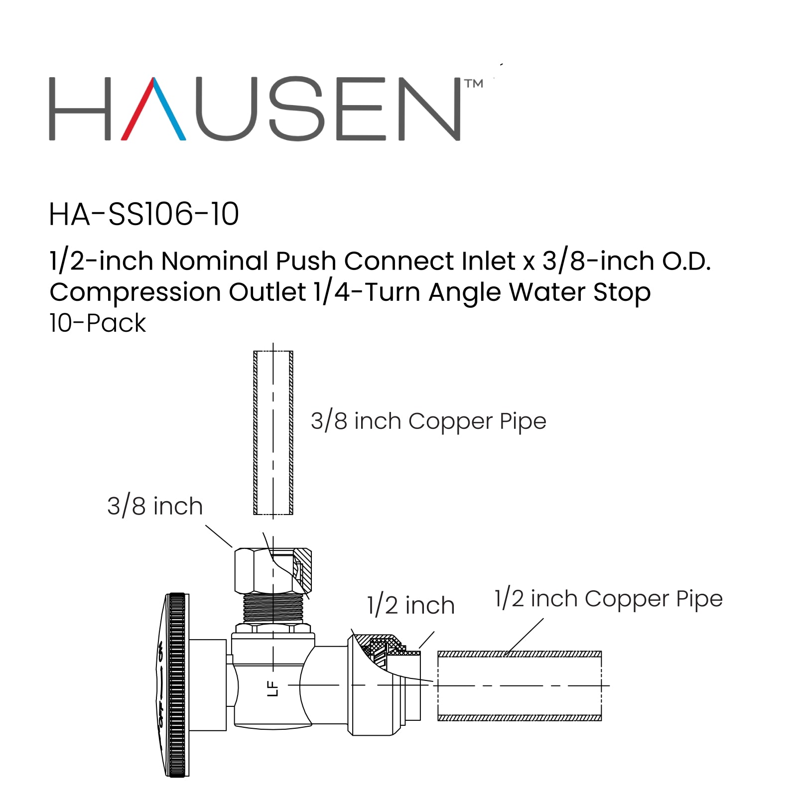 Hausen 1/2-inch Nominal Push Connect Inlet x 3/8-inch O.D. Compression Outlet 1/4-Turn Angle Water Stop; Lead-Free Forged Brass; Chrome-Plated; Compatible with Copper, CPVC and PEX Piping, 10-Pack