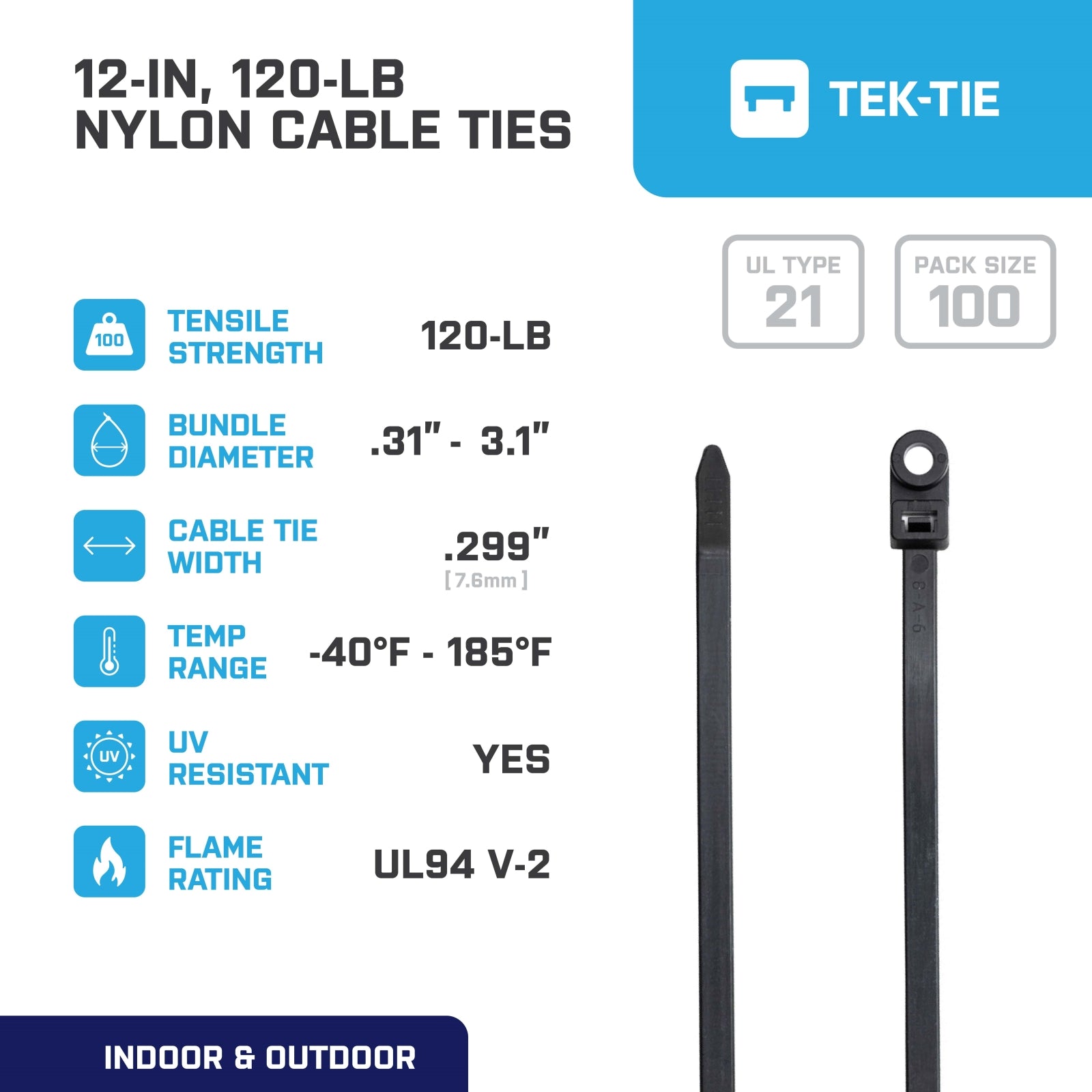 12-inch UV Resistant Black Screw Mount Cable Tie, 120-lb Tensile Strength, UL 21 Listed, 100-Pack