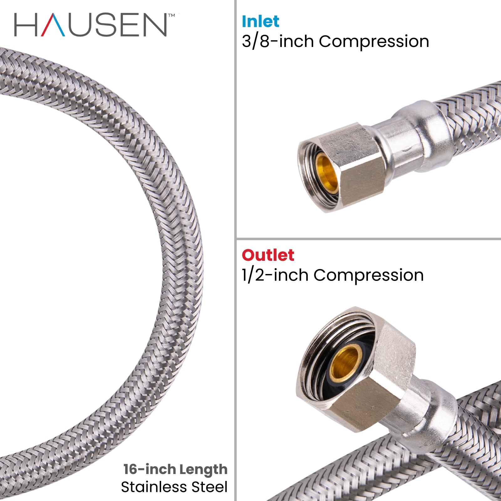 Hausen 3/8-inch Compression x 1/2-inch Compression x 16-inch Length Stainless Steel Faucet Water Supply Connector; Lead Free; cUPC and NSF-61 Certified; Compatible with Standard Faucets, 2-Pack