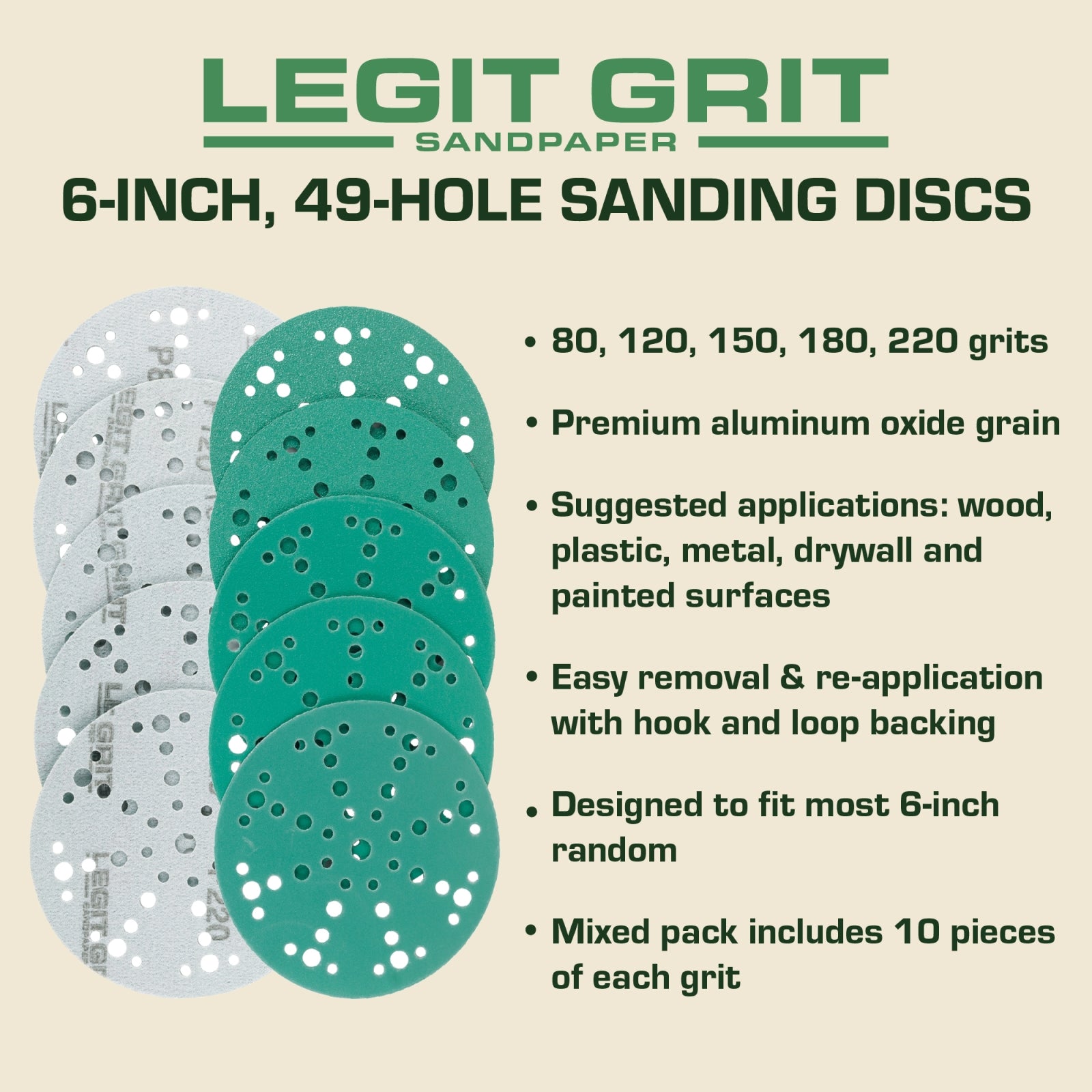 Legit Grit 6 inch Sand paper Disc, 49-Hole, Mixed Grit Variety Set - GRITS: 80/120/150/180/220 (10 of each) , 50 Pack