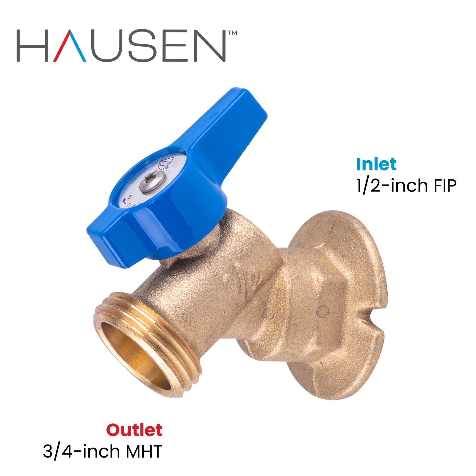 Hausen 1/2-inch FIP (Female Iron Pipe) x 3/4-inch MHT (Male Hose Thread) Brass Sillcock Valve with 1/4-Turn Lever Handle Shutoff; cUPC Certified, Compatible with Standard Garden Hoses, 1-Pack