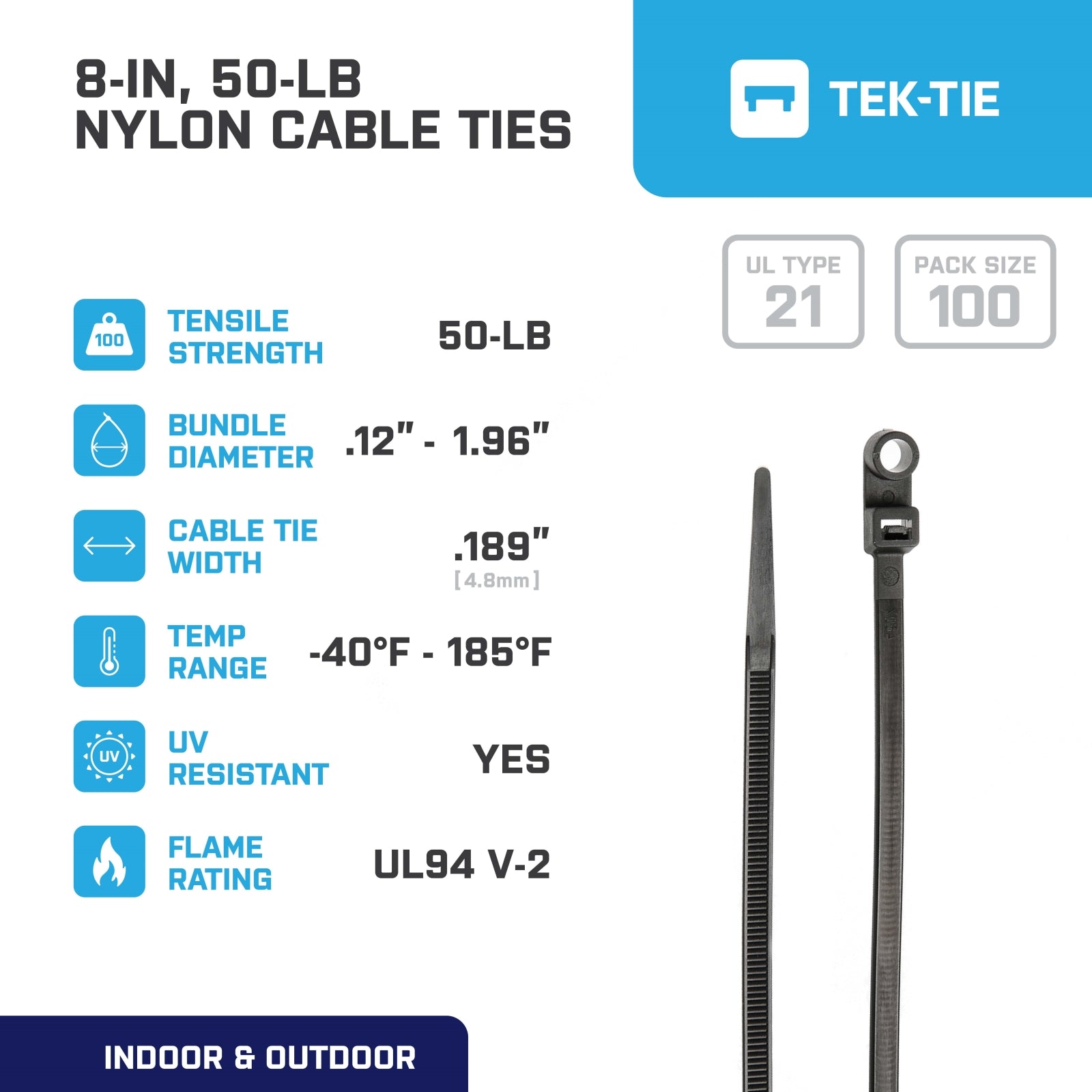 8-inch UV Resistant Black Screw Mount Cable Tie, 50-lb Tensile Strength, UL 21 Listed, 100-Pack