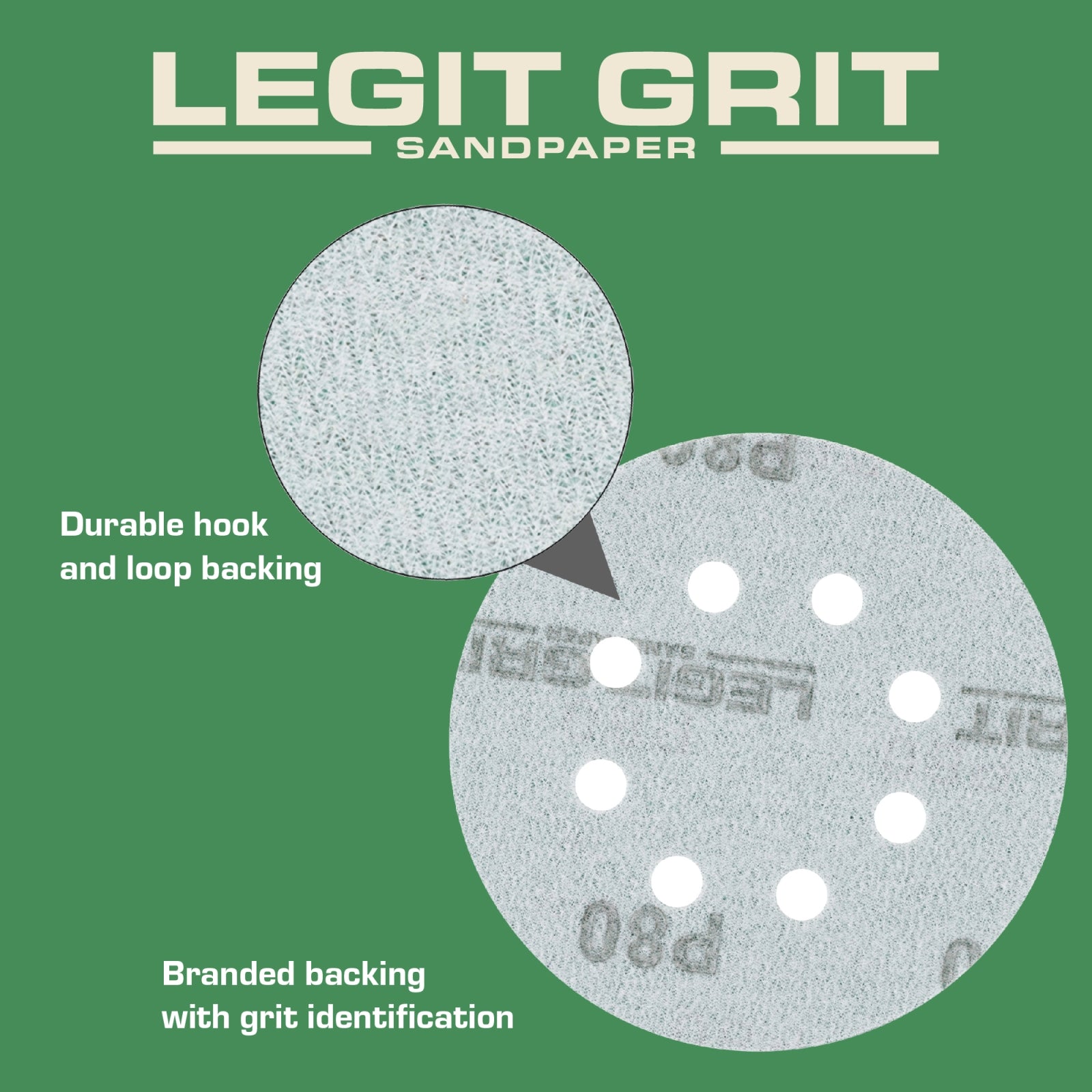 Legit Grit 5 Inch  Sand paper Disc, 8-Hole, Mixed Grit Variety Set - GRITS: 80/120/150/180/220 (10 of each) , 50 Pack