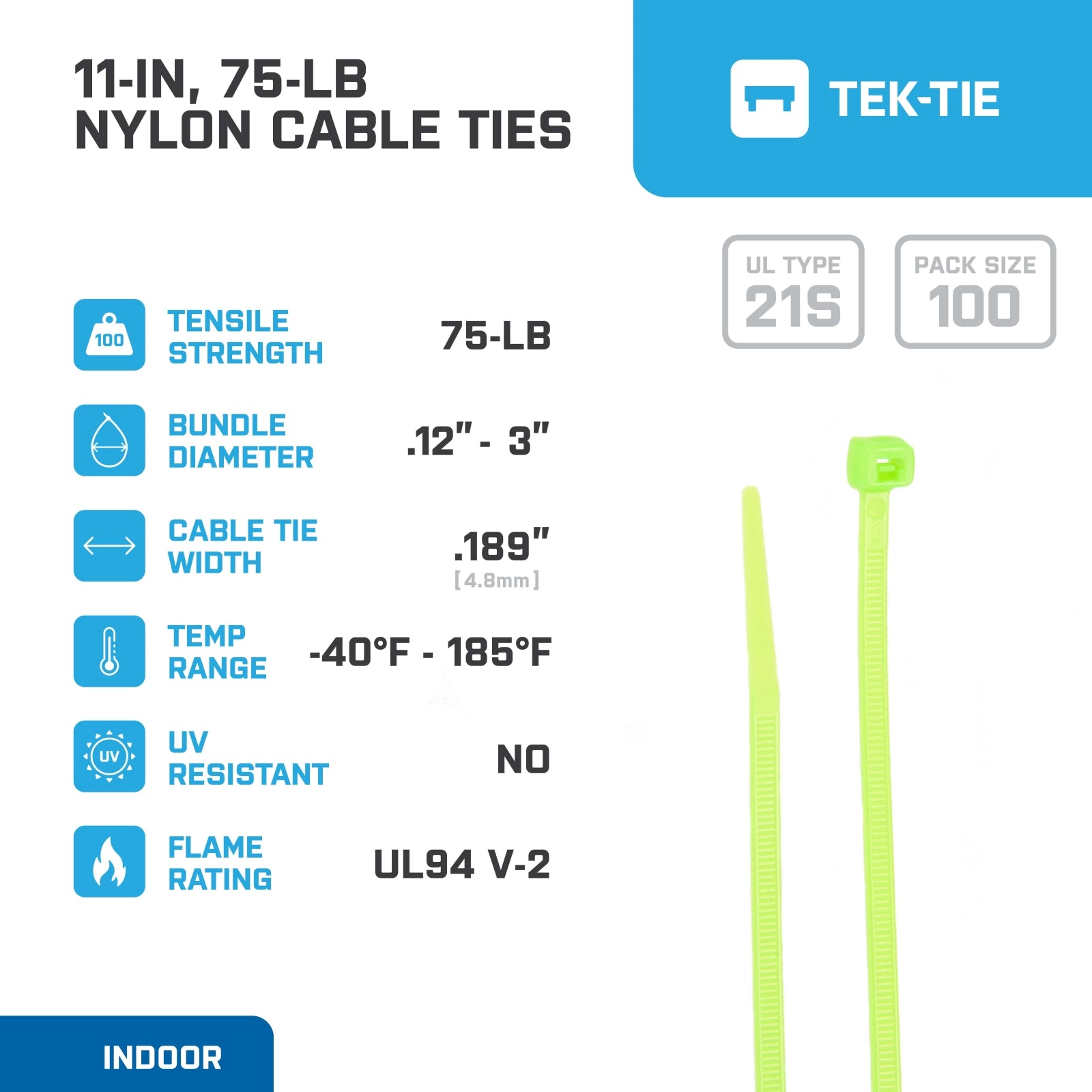 11-inch Fluorescent Green Multi-Purpose Cable Tie, 75-lb Tensile Strength, UL 21S Listed, 100-Pack