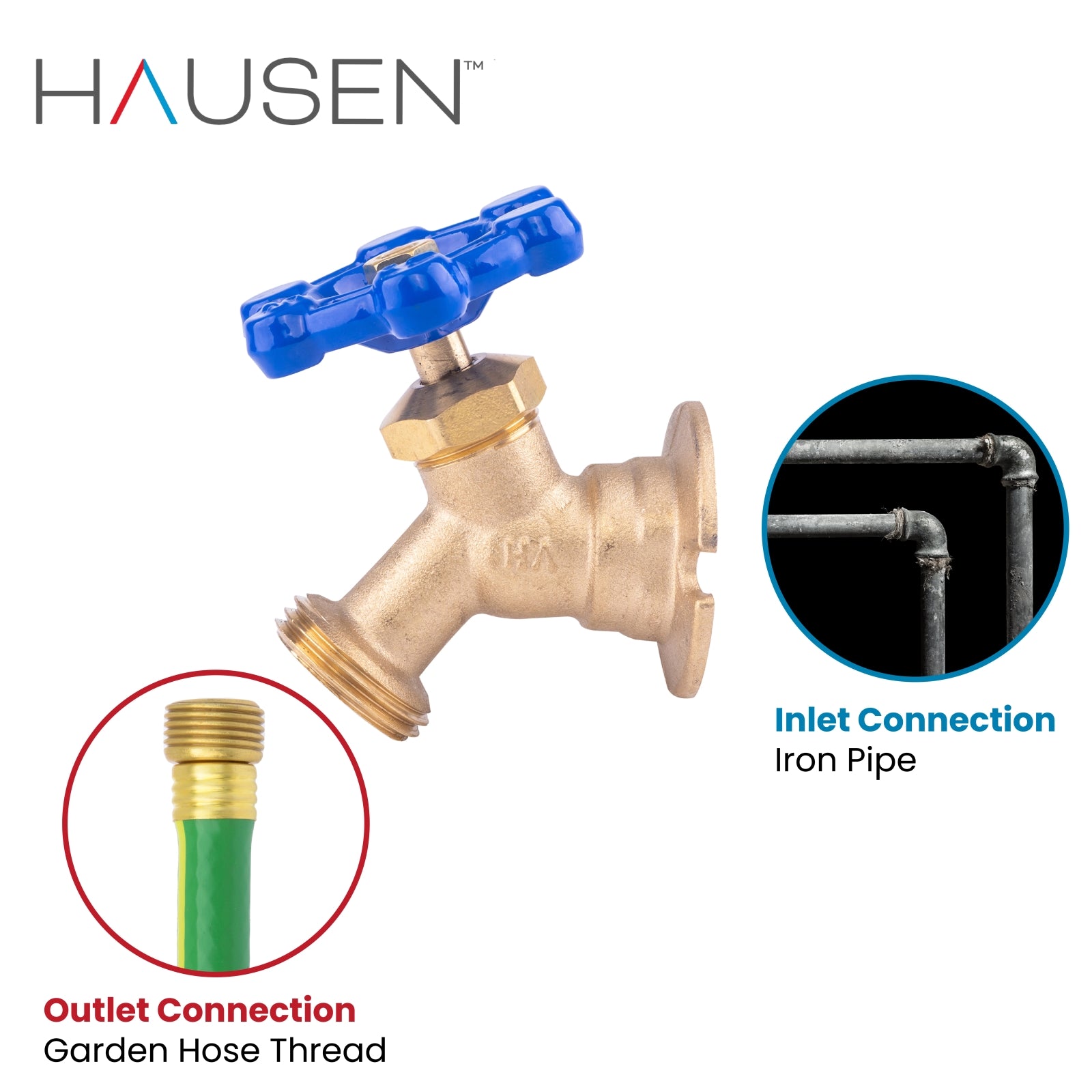 Hausen 1/2-inch FIP (Female Iron Pipe) x 3/4-inch MHT (Male Hose Thread) Brass Sillcock Valve with Handle Shutoff; cUPC Certified, Compatible with Standard Garden Hoses, 1-Pack