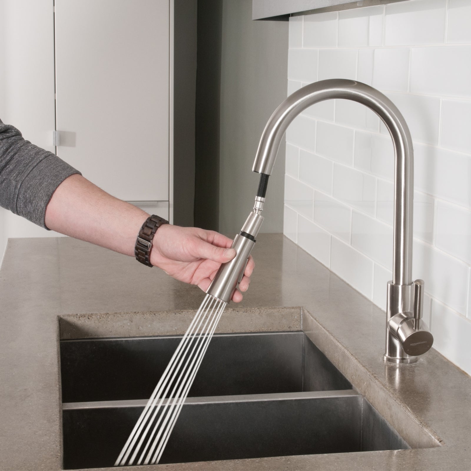 Modern Single-Handled Kitchen Pull-Down Sprayer Faucet, Satin Nickel