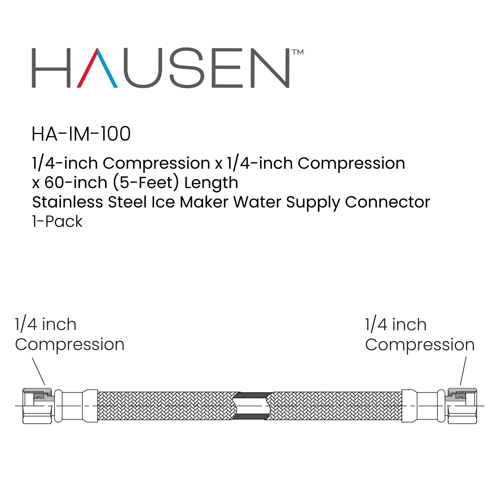 Hausen 1/4-inch Compression x 1/4-inch Compression x 60-inch (5-Feet) Length Stainless Steel Ice Maker Water Supply Connector; Lead Free; Compatible with Standard Refrigerators, 1-Pack