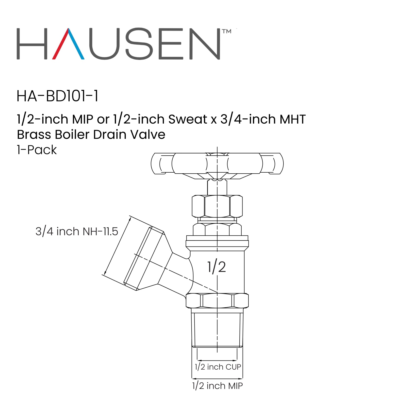 Hausen 1/2-inch MIP (Male Iron Pipe) or 1/2-inch Sweat x 3/4-inch MHT (Male Hose Thread) Brass Boiler Drain Valve; cUPC Certified; Compatible with Boilers and Water Heaters, 1-Pack