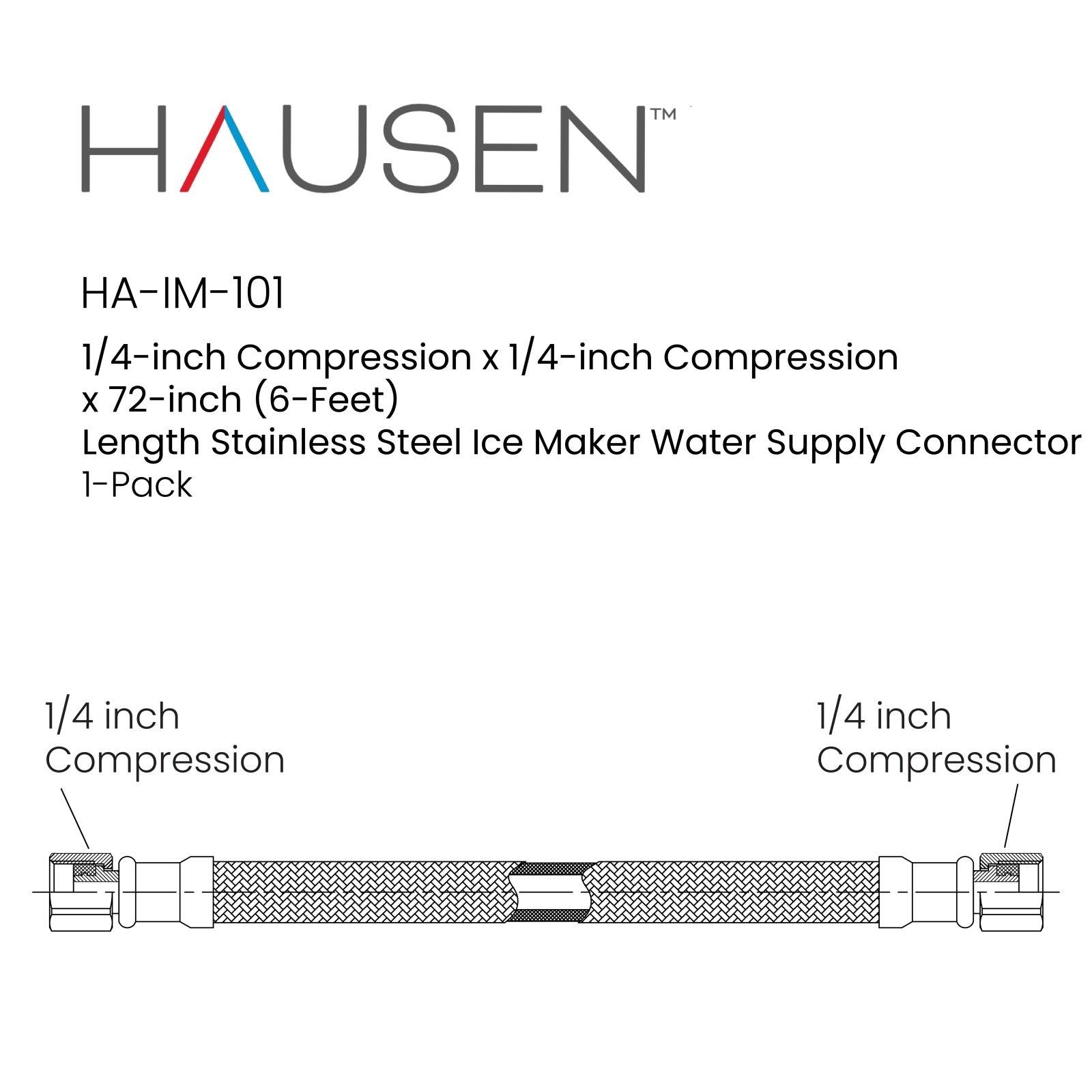 Hausen 1/4-inch Compression x 1/4-inch Compression x 72-inch (6-Feet) Length Stainless Steel Ice Maker Water Supply Connector; Lead Free; Compatible with Standard Refrigerators, 1-Pack