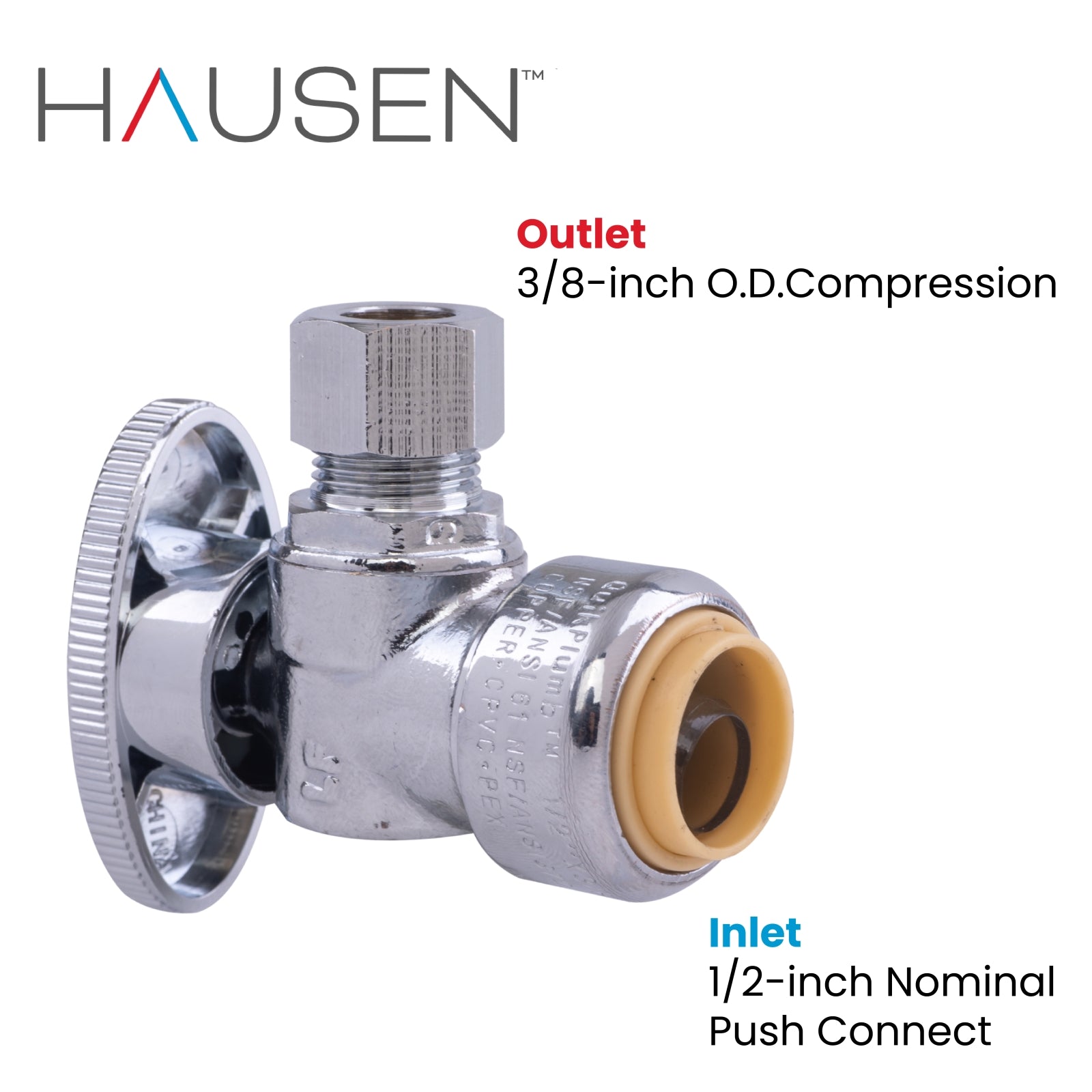 Hausen 1/2-inch Nominal Push Connect Inlet x 3/8-inch O.D. Compression Outlet 1/4-Turn Angle Water Stop; Lead-Free Forged Brass; Chrome-Plated; Compatible with Copper, CPVC and PEX Piping, 1-Pack