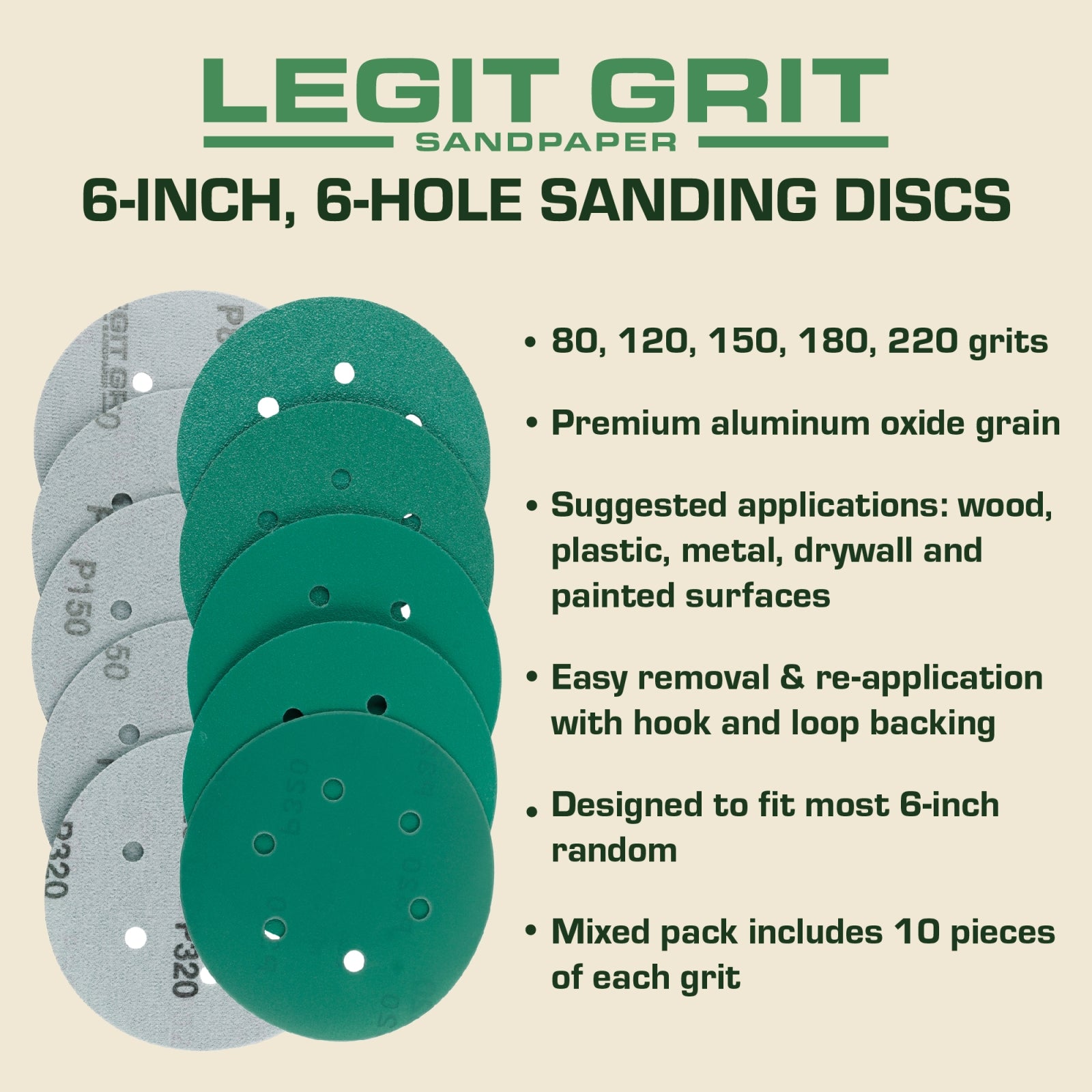 Legit Grit 6 inch Sand paper Disc, 6-Hole, Mixed Grit Variety Set - GRITS: 80/120/150/180/220 (10 of each) , 50 Pack