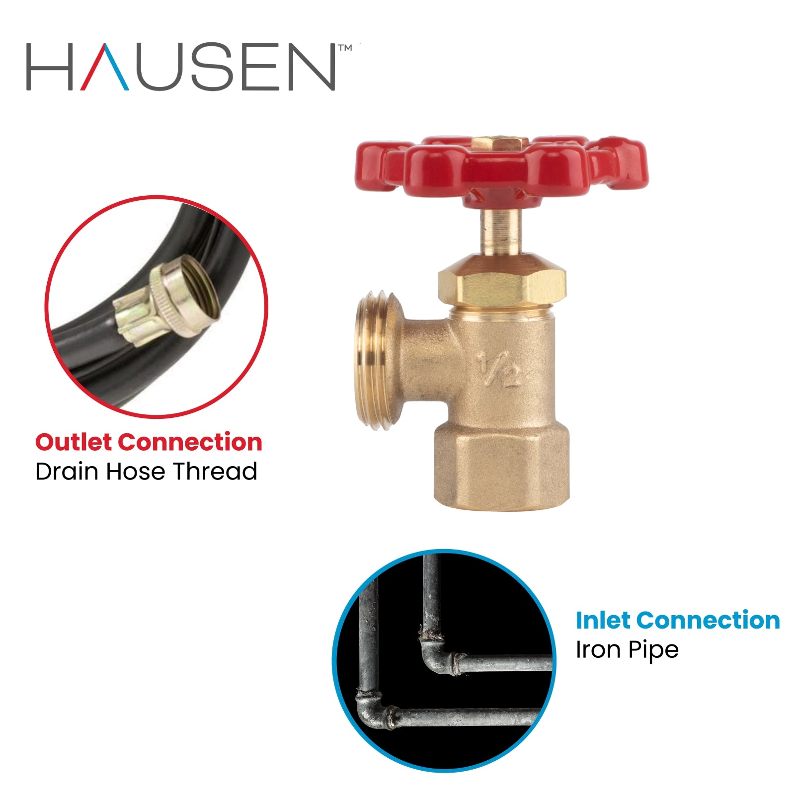 Hausen 1/2-inch FIP (Female Iron Pipe) x 3/4-inch MHT (Male Hose Thread) Brass Boiler Drain Valve; cUPC Certified; Compatible with Boilers and Water Heaters in Plumbing and Heating Systems, 1-pack