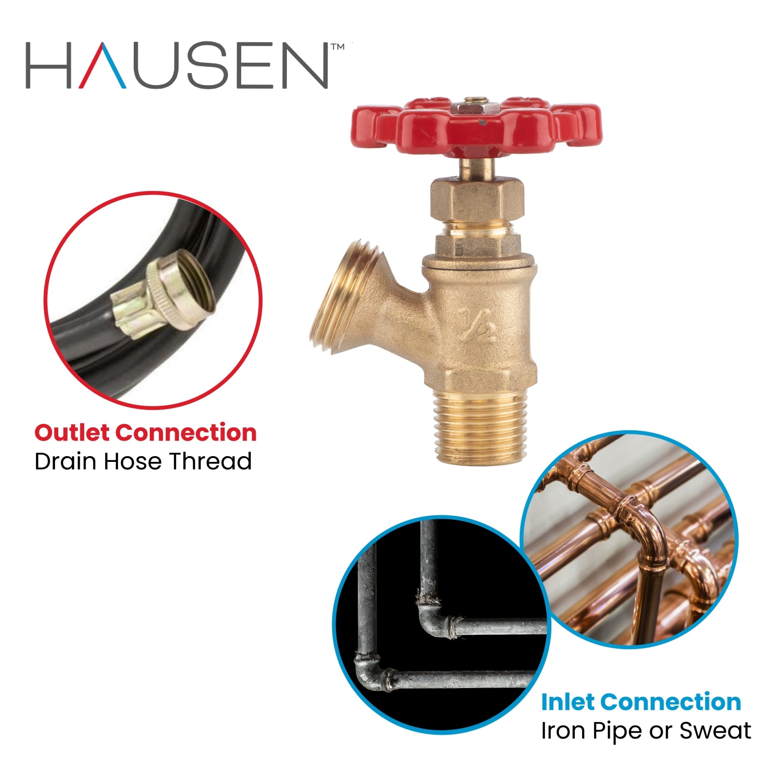 Hausen 1/2-inch MIP (Male Iron Pipe) or 1/2-inch Sweat x 3/4-inch MHT (Male Hose Thread) Brass Boiler Drain Valve; cUPC Certified; Compatible with Boilers and Water Heaters, 5-Pack