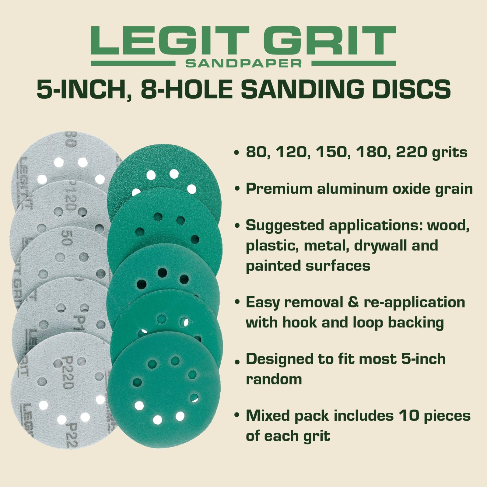 Legit Grit 5 Inch  Sand paper Disc, 8-Hole, Mixed Grit Variety Set - GRITS: 80/120/150/180/220 (10 of each) , 50 Pack