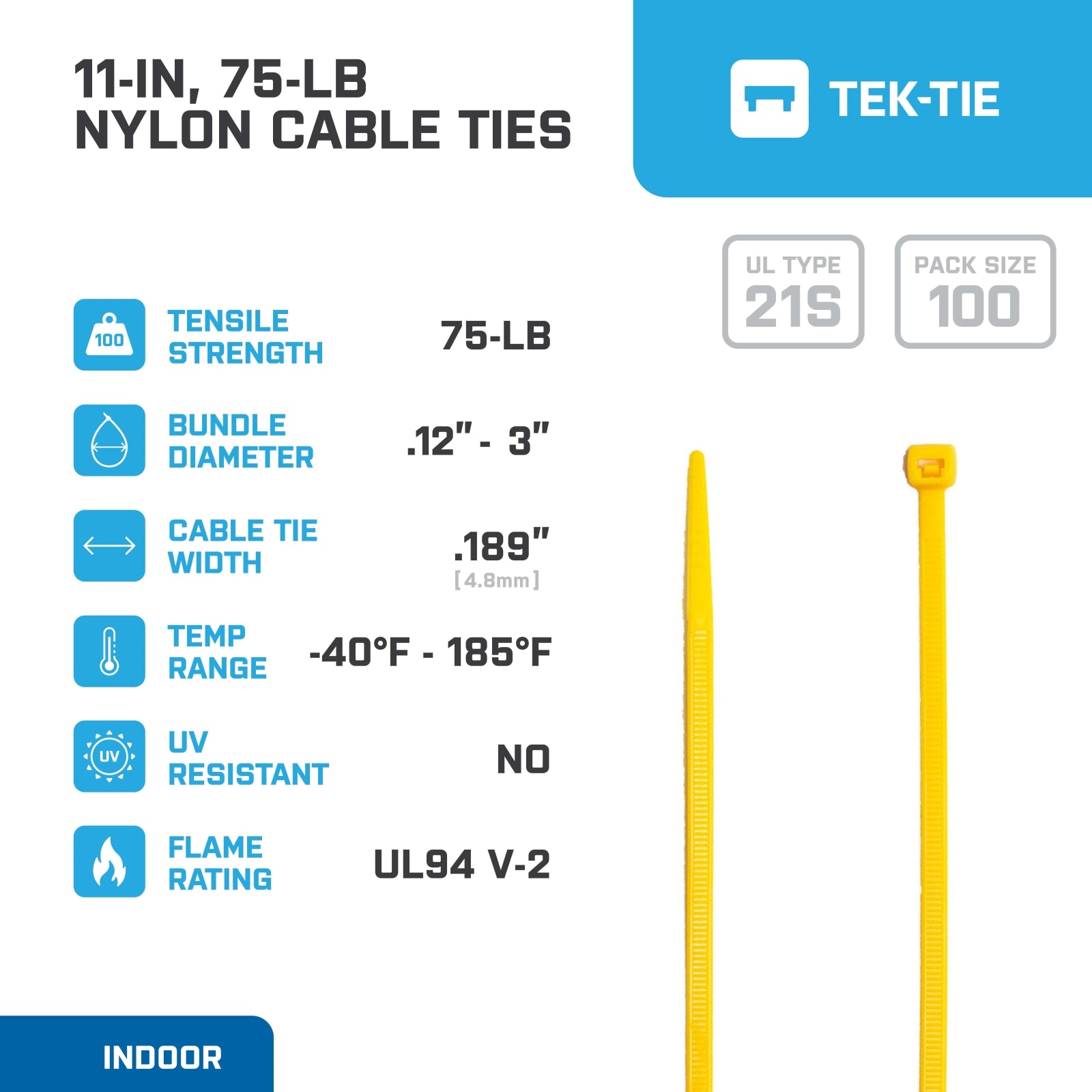 11-inch Hi-Vis Yellow Multi-Purpose Cable Tie, 75-lb Tensile Strength, UL 21S Listed, 100-Pack