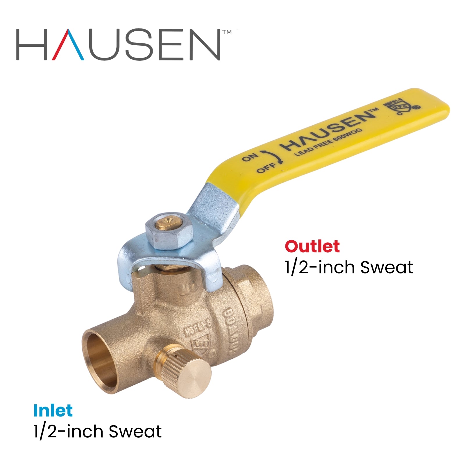 Hausen 1/2-inch Sweat x 1/2-inch Sweat Full Port Brass Ball Valve with Drain; Lead Free Forged Brass; Blowout Resistant Stem; For Use in Potable Water, Oil and Gas Distribution Systems, 1-Pack