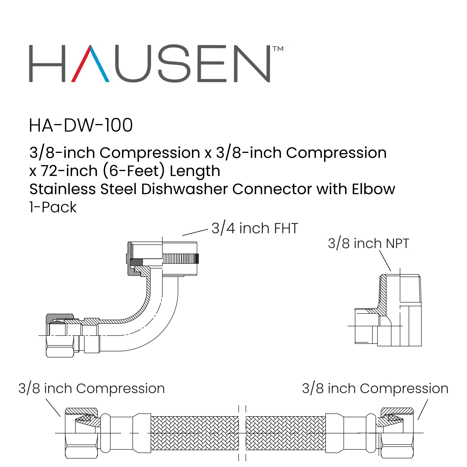 Hausen 3/8-inch Compression x 3/8-inch Compression x 72-inch (6-Feet) Length Stainless Steel Dishwasher Connector with Elbow; Lead Free; cUPC and NSF-61 Certified; Compatible with Most Dishwashers, 1-Pack