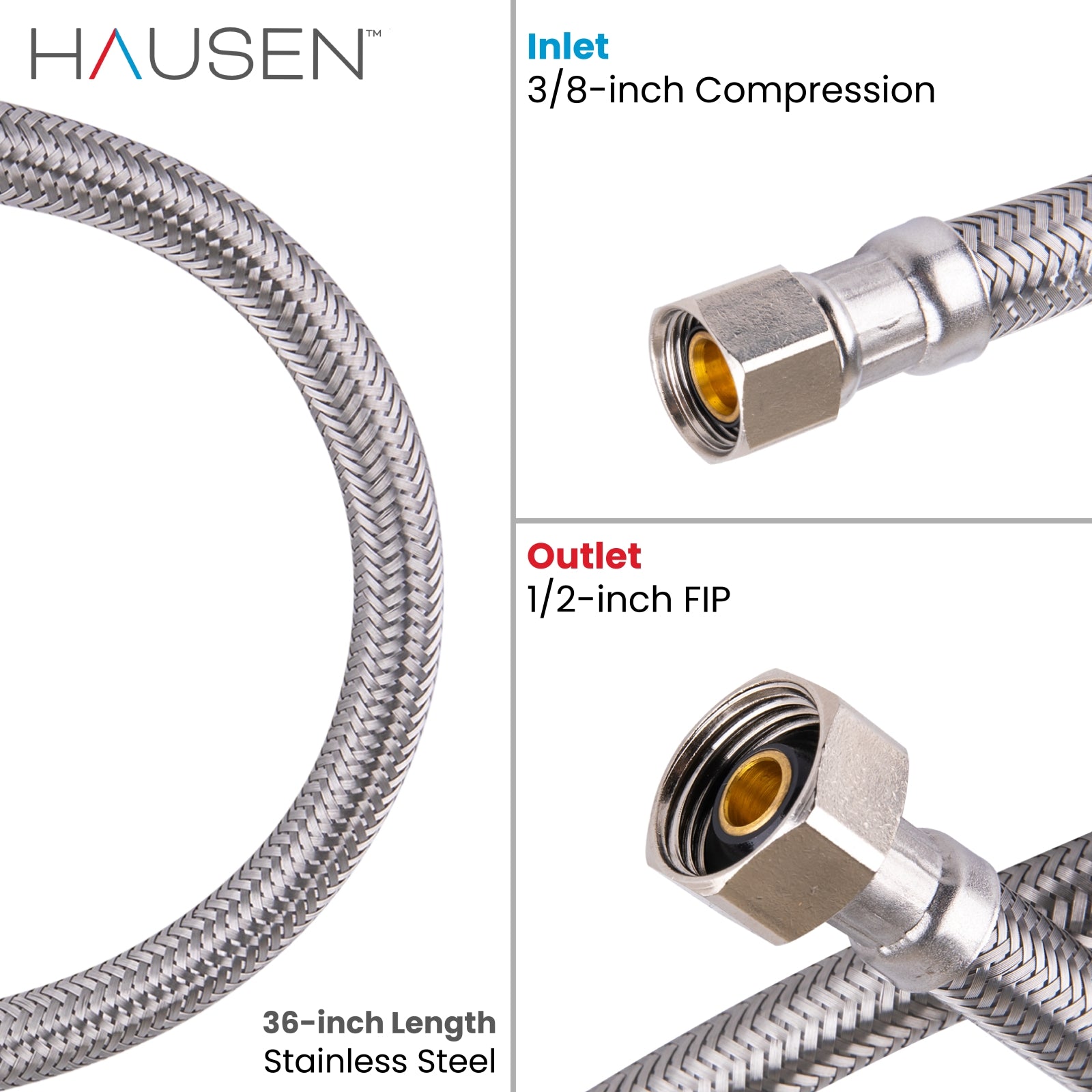 Hausen 3/8-inch Compression x 1/2-inch FIP (Female Iron Pipe) x 36-inch Length Stainless Steel Faucet Water Supply Connector; Lead Free; cUPC and NSF-61 Certified; Compatible with Standard Faucets, 2-Pack