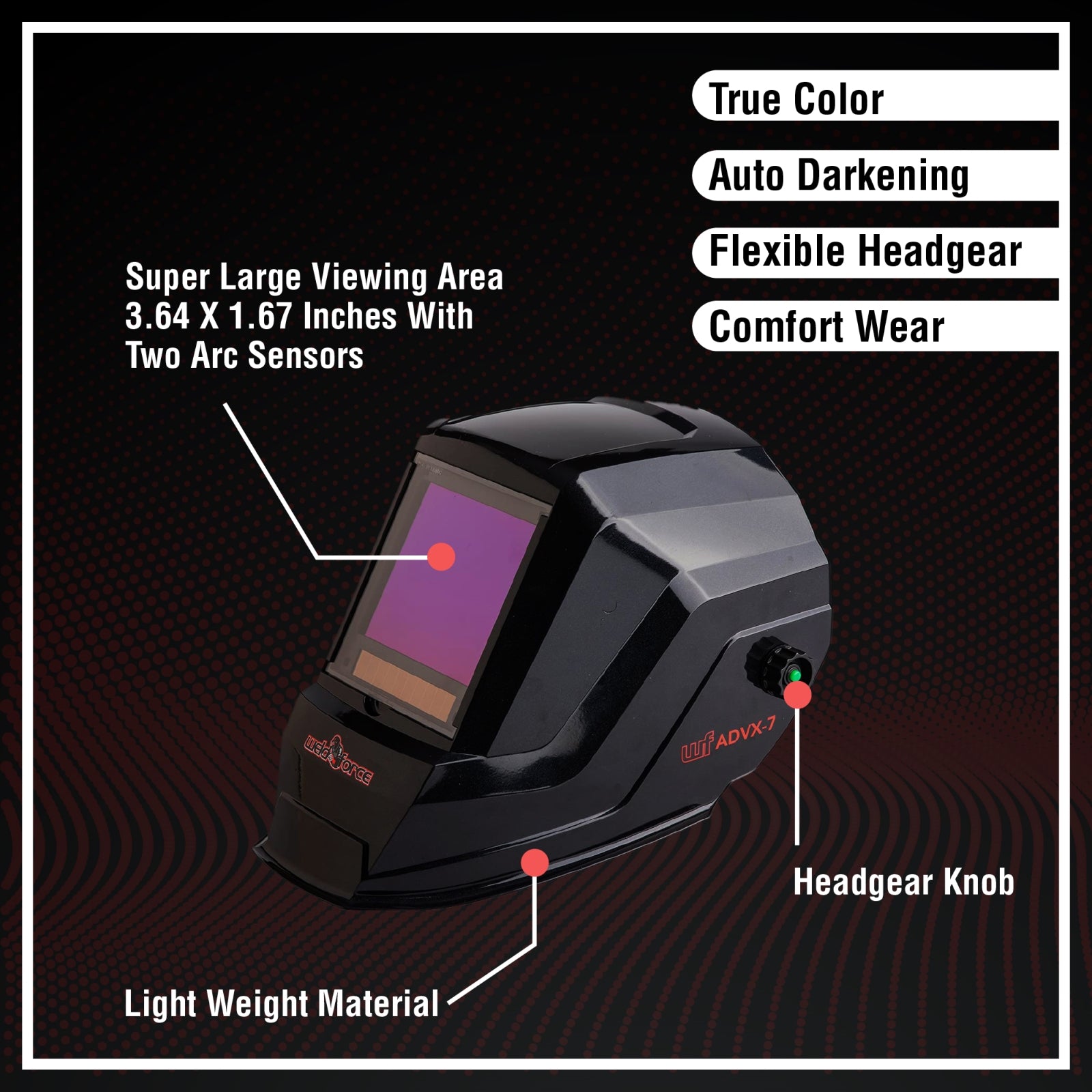 WeldForce Welding Helmet with 3.94-Inch x 3.64-Inch Viewing Area, Features Four Arc Sensors for Variable Shade Auto Darkening, Provides 1/1/1/1 Optical Clarity, Compatible with TIG, MIG, MMA Welding