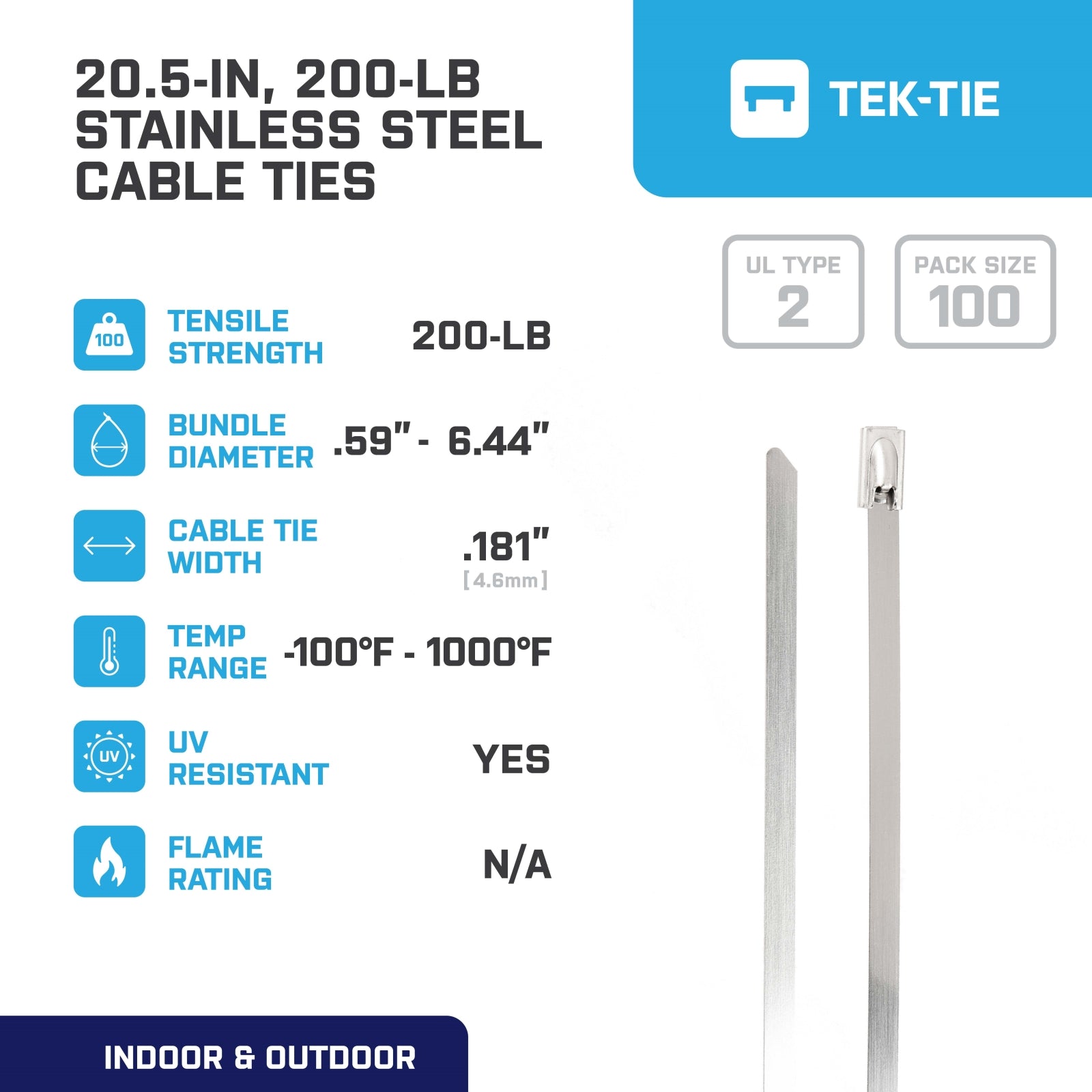 20.5-inch UV Resistant Stainless Steel Cable Tie, 200-lb Tensile Strength, UL 2 Listed, 100-Pack