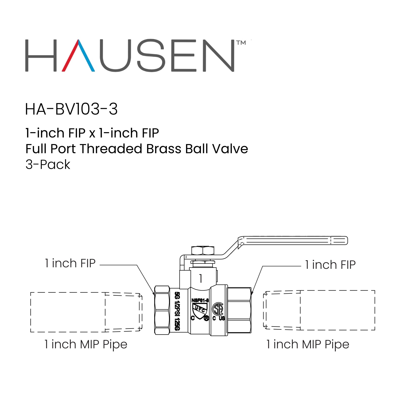 Hausen 1-inch FIP (Female Iron Pipe) x 1-inch FIP (Female Iron Pipe) Full Port Threaded Brass Ball Valve; Blowout Resistant Stem; For Use in Potable Water Distribution Systems, 3-Pack