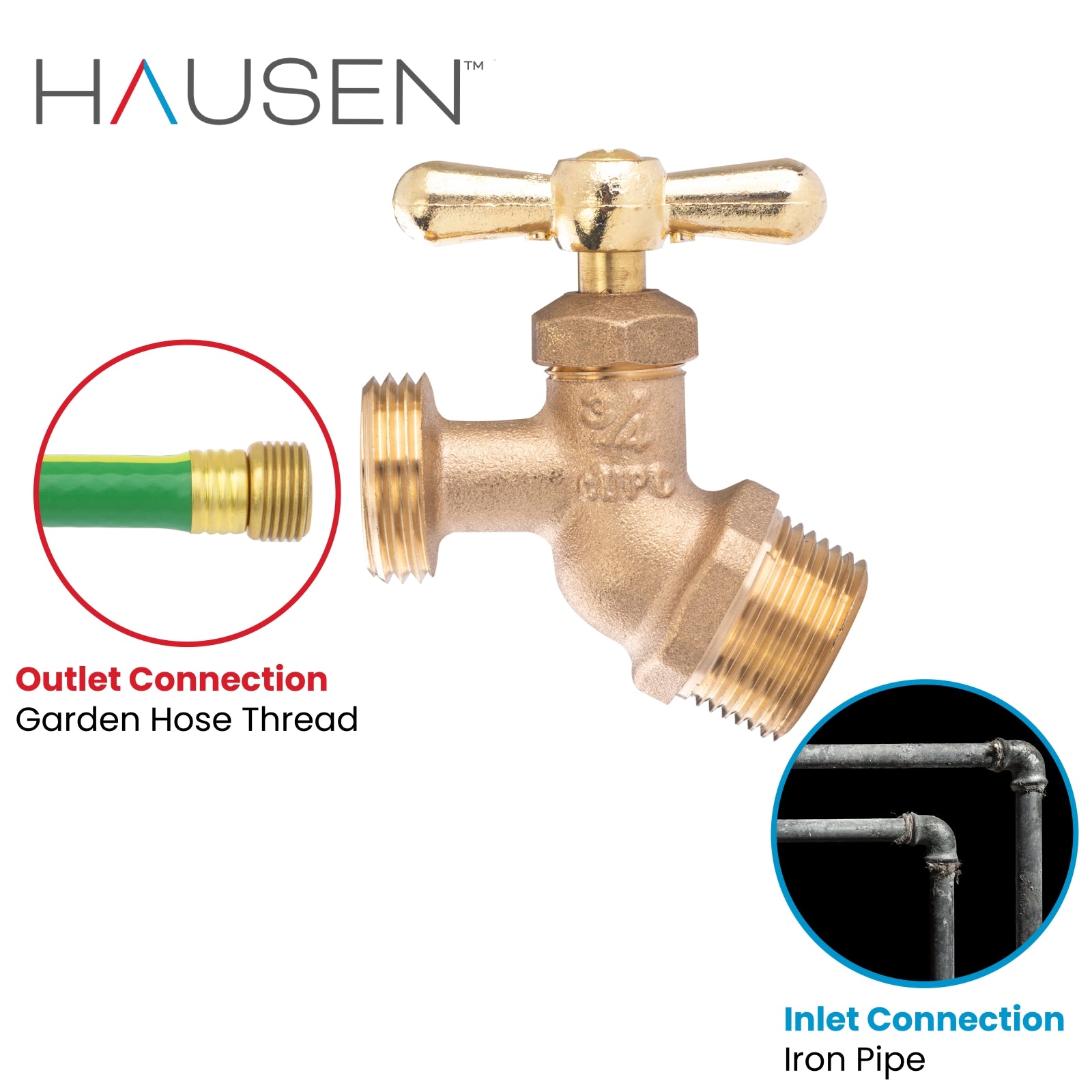 Hausen 3/4-inch MIP (Male Iron Pipe) x 3/4-inch MHT (Male Hose Thread) Brass Angled No-Kink Hose Bibb Valve with Tee Handle Shutoff; cUPC Certified, Compatible with Standard Garden Hoses, 10-pack