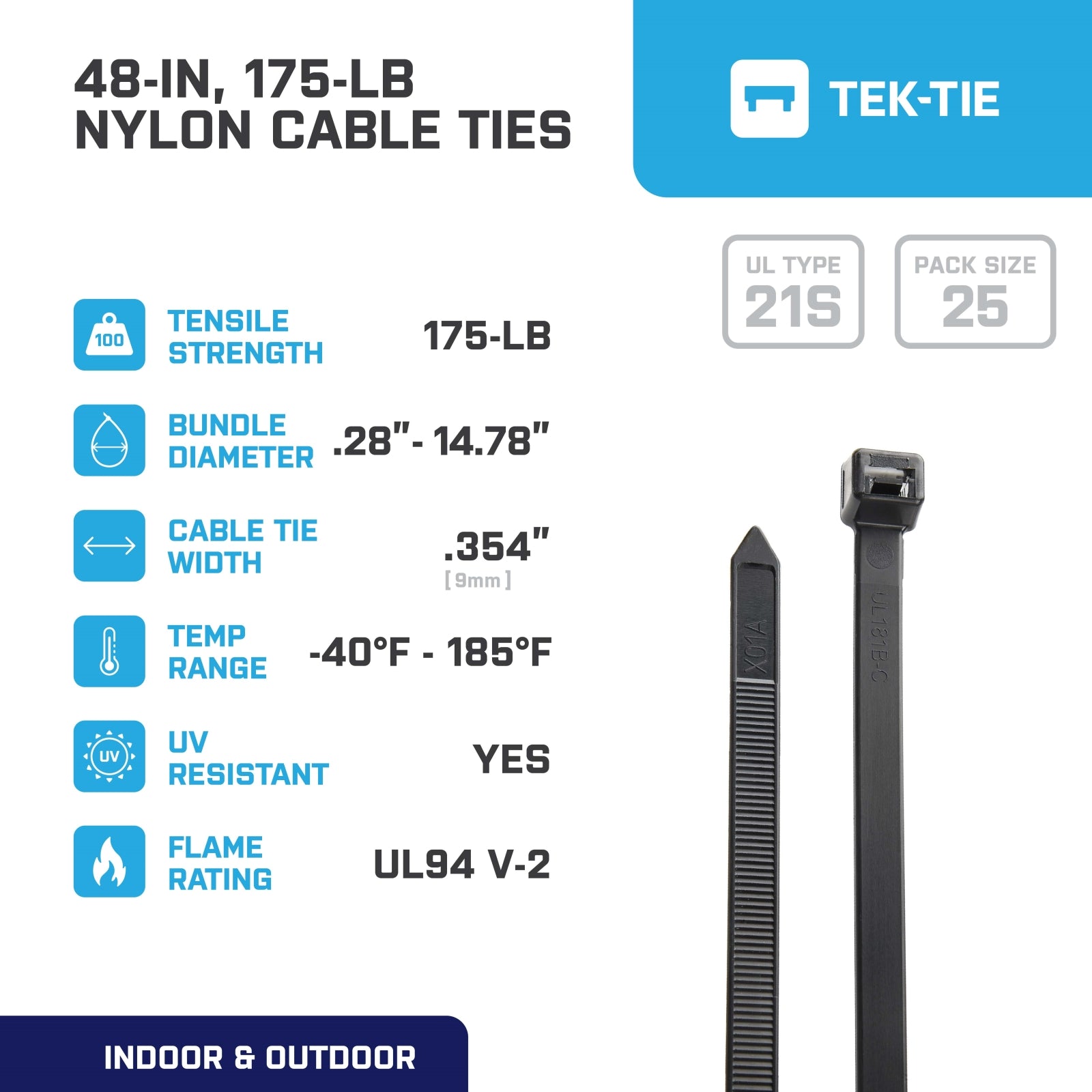 48-inch UV Resistant Black Multi-Purpose Cable Tie, 175-lb Tensile Strength, UL 21S Listed, 25-Pack