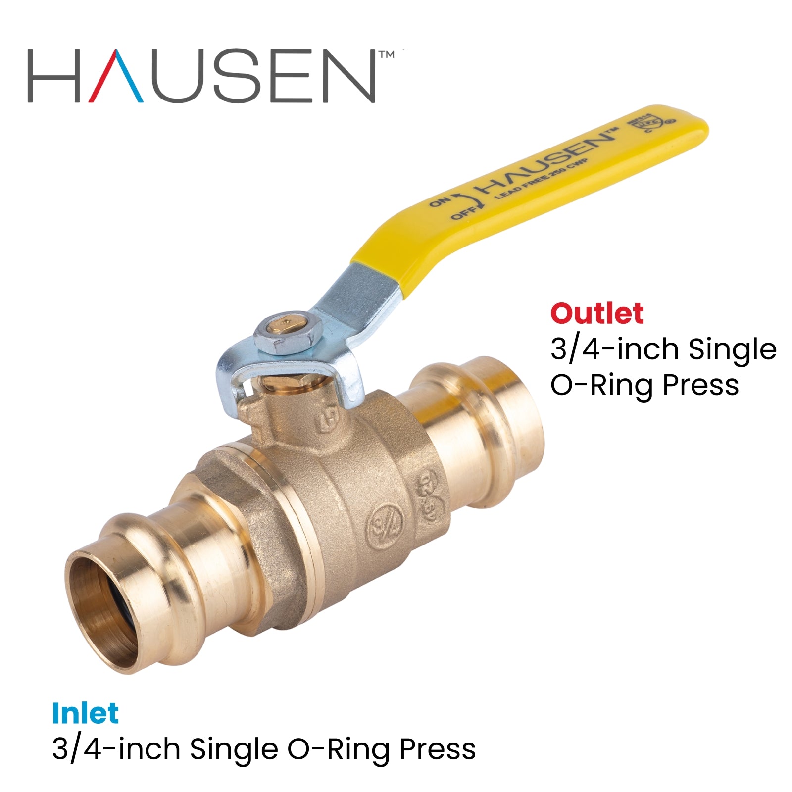 Hausen 3/4-inch Single O-Ring Press Ball Valve; Lead Free Forged Brass; Blowout Resistant Stem; For Use in Potable Water Distribution Systems, Hydronic Heating and Chilled Water, 1-Pack