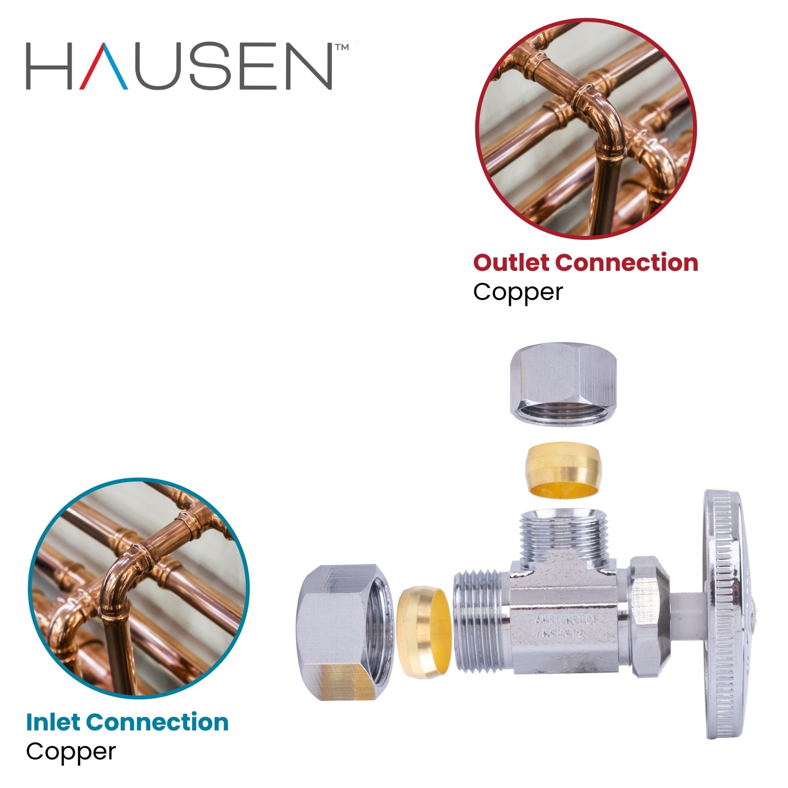 Hausen 1/2-inch Nominal Compression Inlet x 1/2-inch O.D. Compression Outlet Multi-Turn Angle Water Stop; Lead-Free Forged Brass; Chrome-Plated; cUPC/ANSI/NSF Certified; Compatible with Copper Piping, 5-Pack