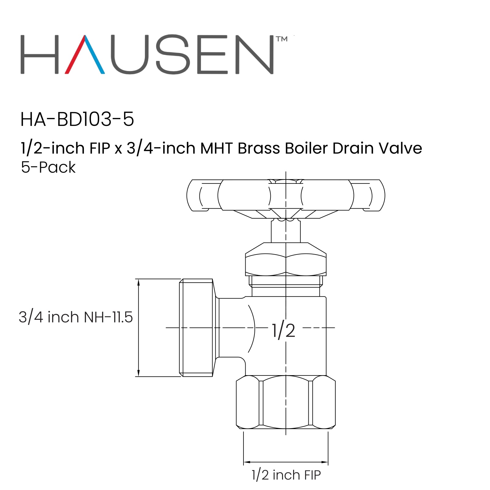 Hausen 1/2-inch FIP (Female Iron Pipe) x 3/4-inch MHT (Male Hose Thread) Brass Boiler Drain Valve; cUPC Certified; Compatible with Boilers and Water Heaters in Plumbing and Heating Systems, 5-pack