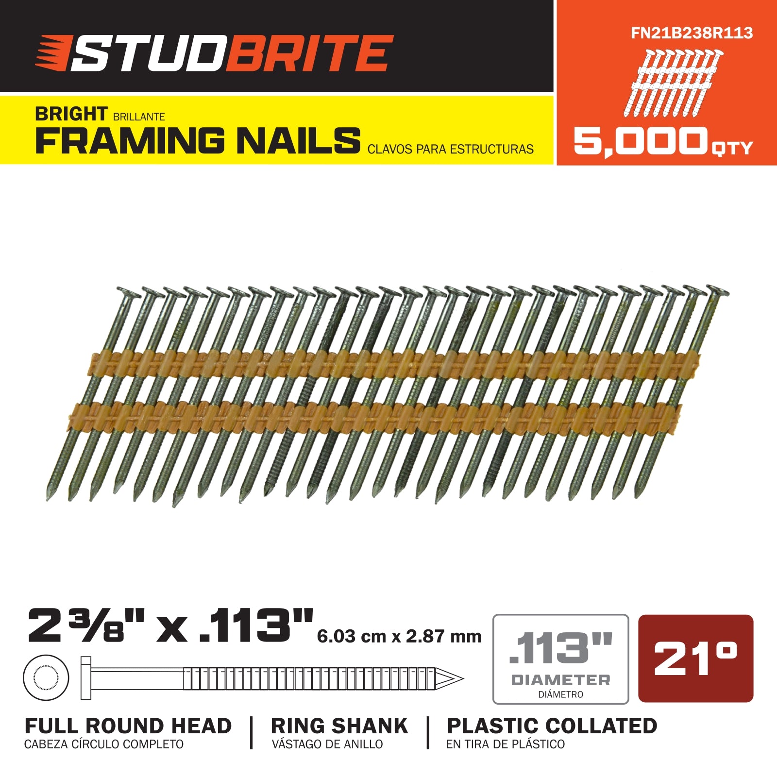 StudBrite 2-3/8 Inch x 0.113 Inch Gauge 21-Degree Bright Ring Shank Plastic Collated Framing Nails 5,000 Per Box