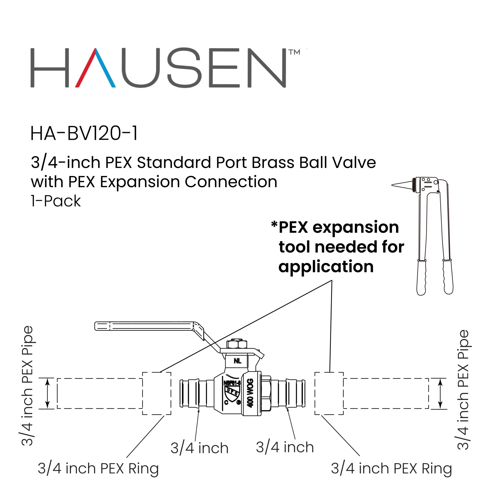 Hausen 3/4-inch PEX Standard Port Brass Ball Valve with PEX Expansion Connection; Lead Free Forged Brass; Blowout Resistant Stem; For Use in Potable Water, Oil and Gas Distribution Systems, 1-Pack