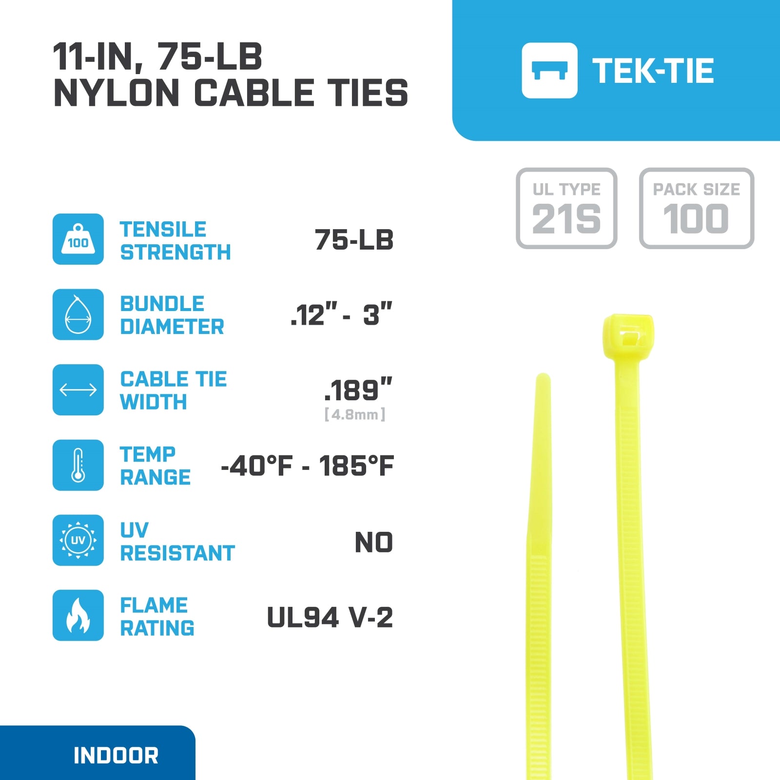 11-inch Fluorescent Yellow Multi-Purpose Cable Tie, 75-lb Tensile Strength, UL 21S Listed, 100-Pack