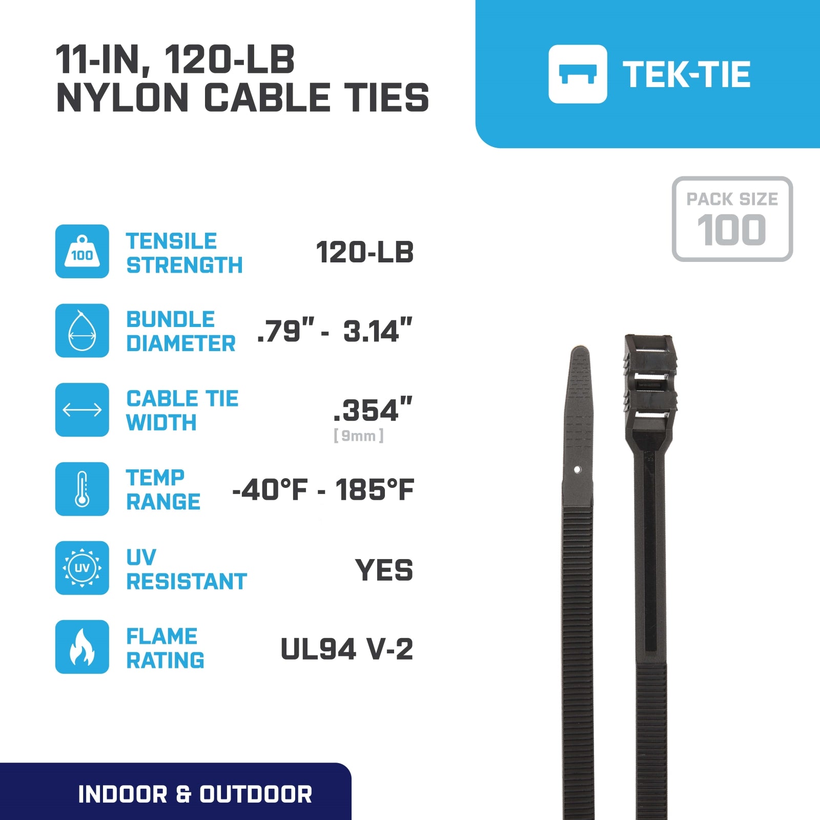 11-inch UV Resistant Black Low Profile Cable Tie, 120-lb Tensile Strength,  100-Pack