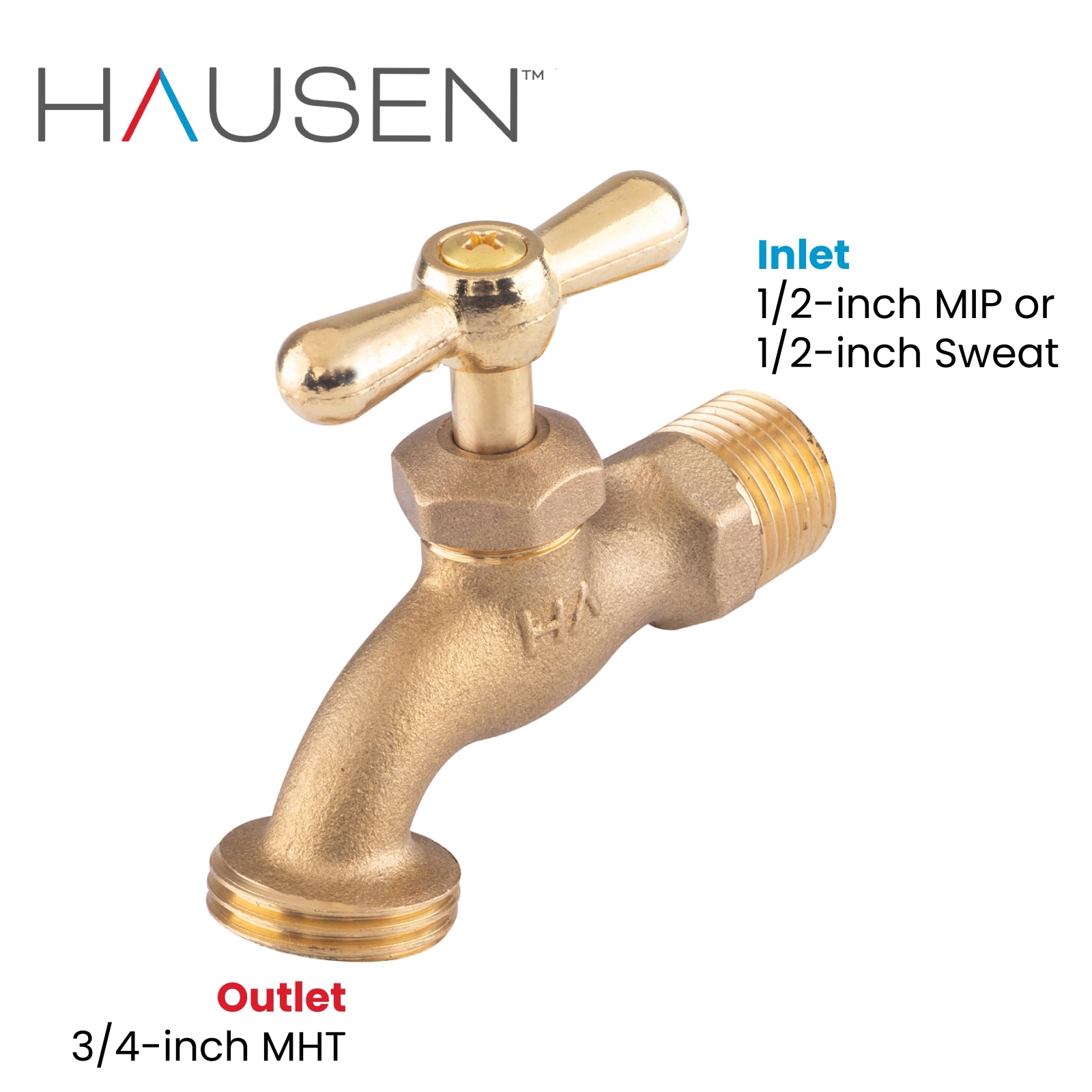 Hausen 1/2-inch MIP (Male Iron Pipe) or 1/2-inch Sweat x 3/4-inch MHT (Male Hose Thread) Brass Hose Bibb Valve with Tee Handle Shutoff; cUPC Certified, Compatible with Standard Garden Hoses, 1-pack