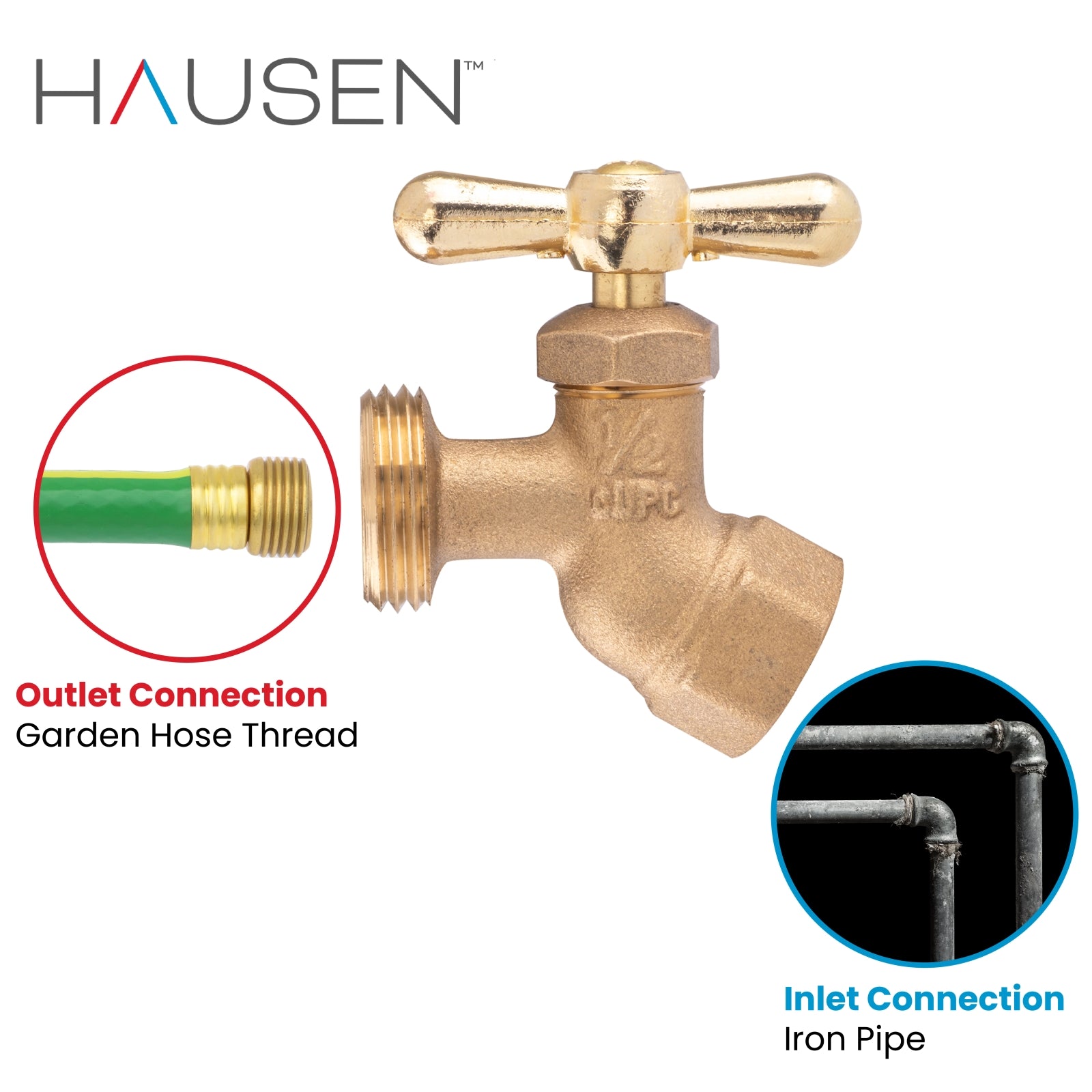 Hausen 1/2-inch FIP (Female Iron Pipe) x 3/4-inch MHT (Male Hose Thread) Brass No-Kink Angled Hose Bibb Valve with Tee Handle Shutoff; cUPC Certified, Compatible with Standard Garden Hoses, 1-pack