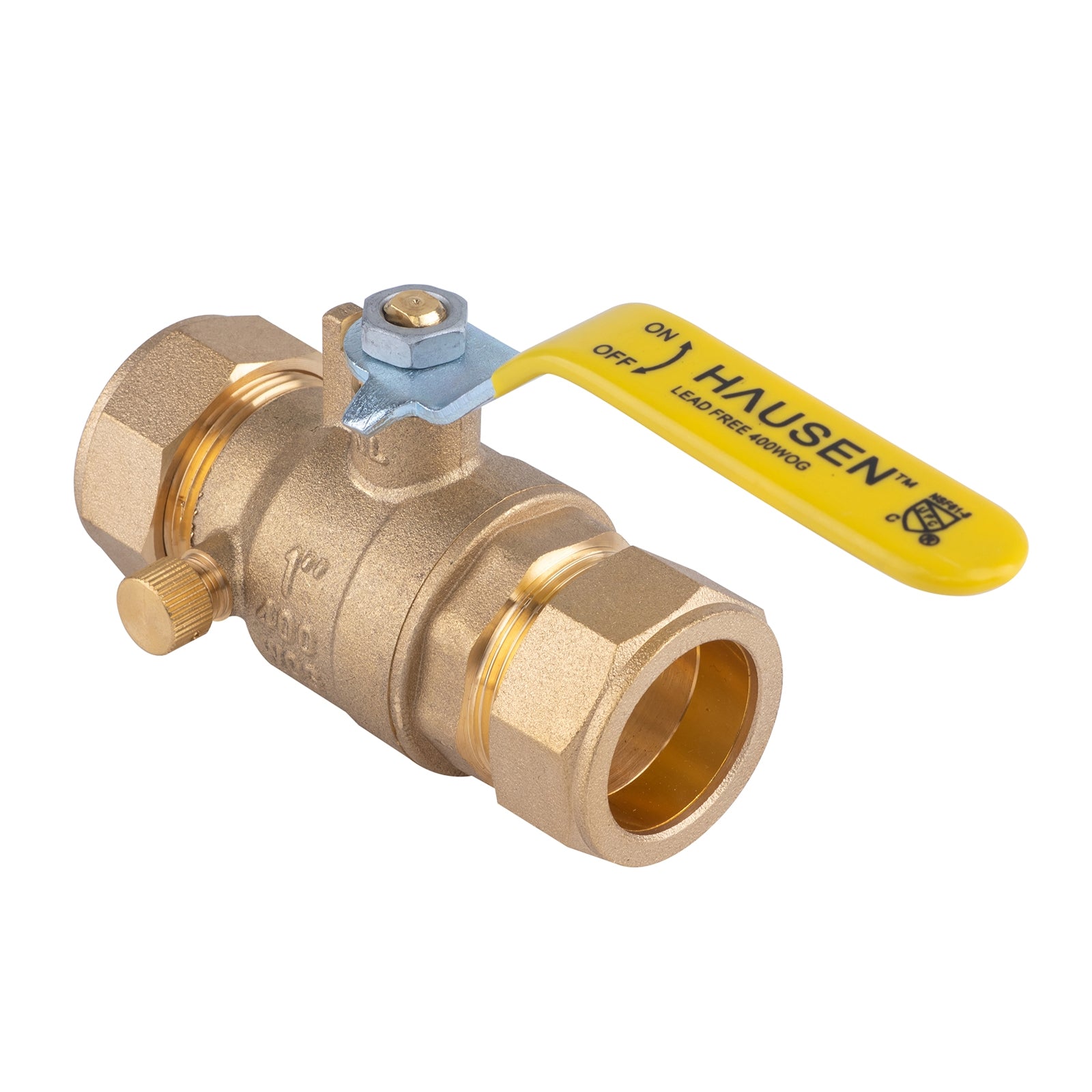 Hausen 1-inch Compression Standard Port Brass Ball Valve with Drain; Lead Free Forged Brass; Blowout Resistant Stem; For Use in Potable Water, Oil and Gas Distribution Systems, 1-Pack