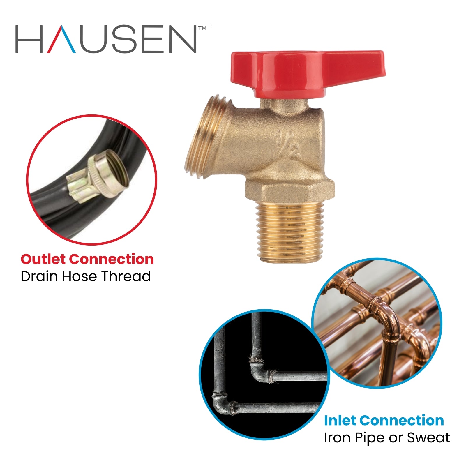 Hausen 1/2-inch MIP (Male Iron Pipe) or 1/2-inch Sweat x 3/4-inch MHT (Male Hose Thread) Brass Boiler Drain Valve with Lever Handle; Compatible with Boilers and Water Heaters, 5-Pack