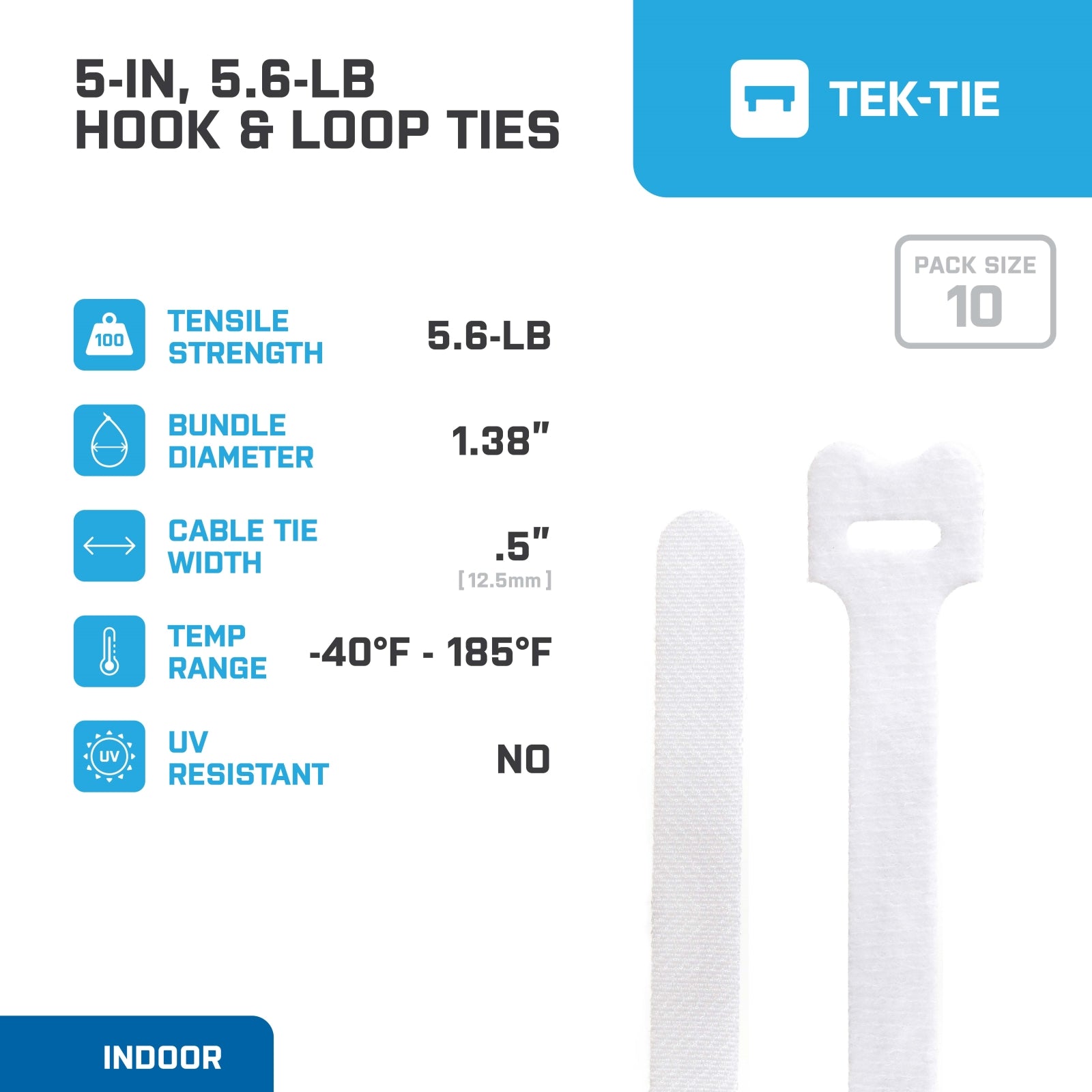 5-inch White Hook and Loop, 5.6-lb Tensile Strength, 10-Pack