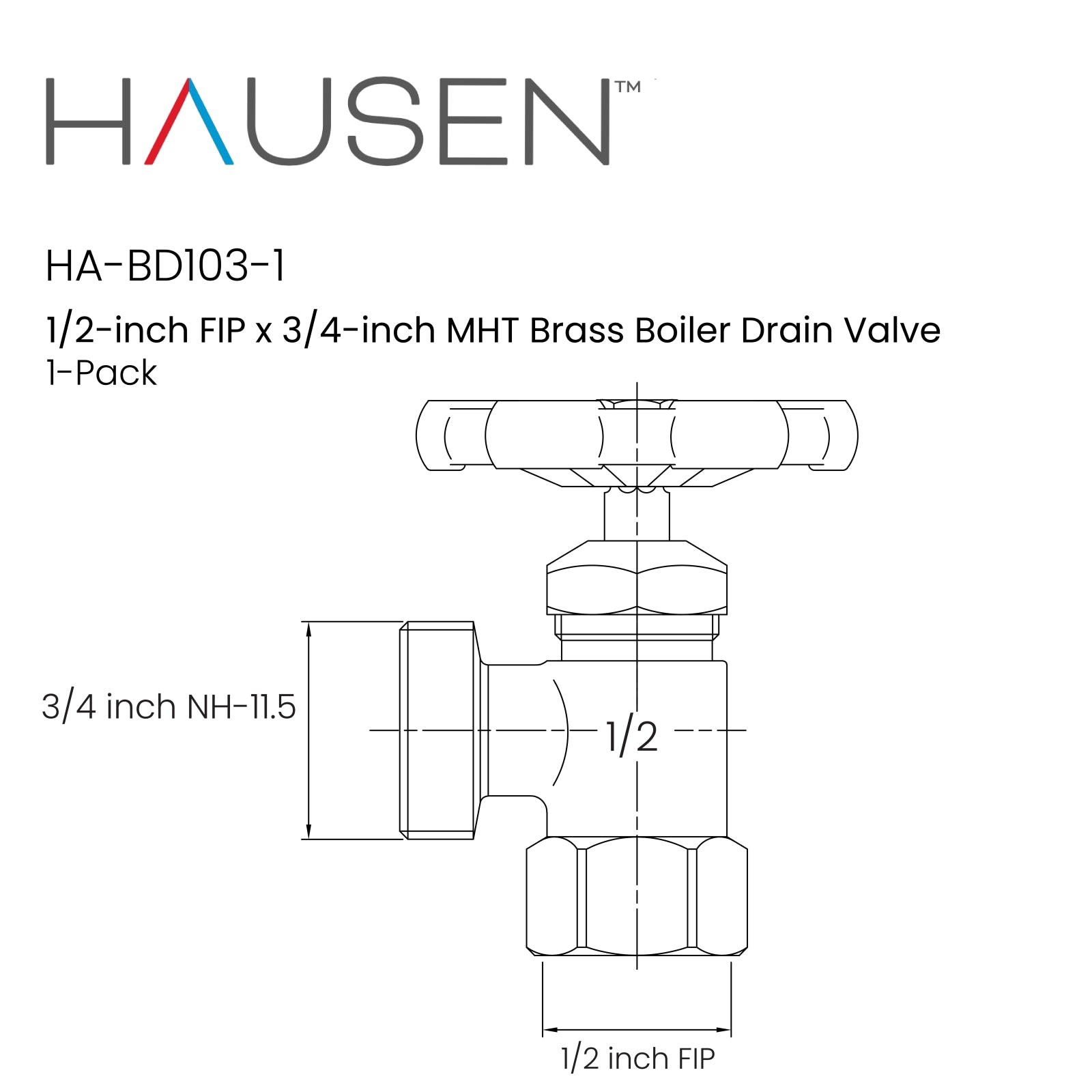 Hausen 1/2-inch FIP (Female Iron Pipe) x 3/4-inch MHT (Male Hose Thread) Brass Boiler Drain Valve; cUPC Certified; Compatible with Boilers and Water Heaters in Plumbing and Heating Systems, 1-pack