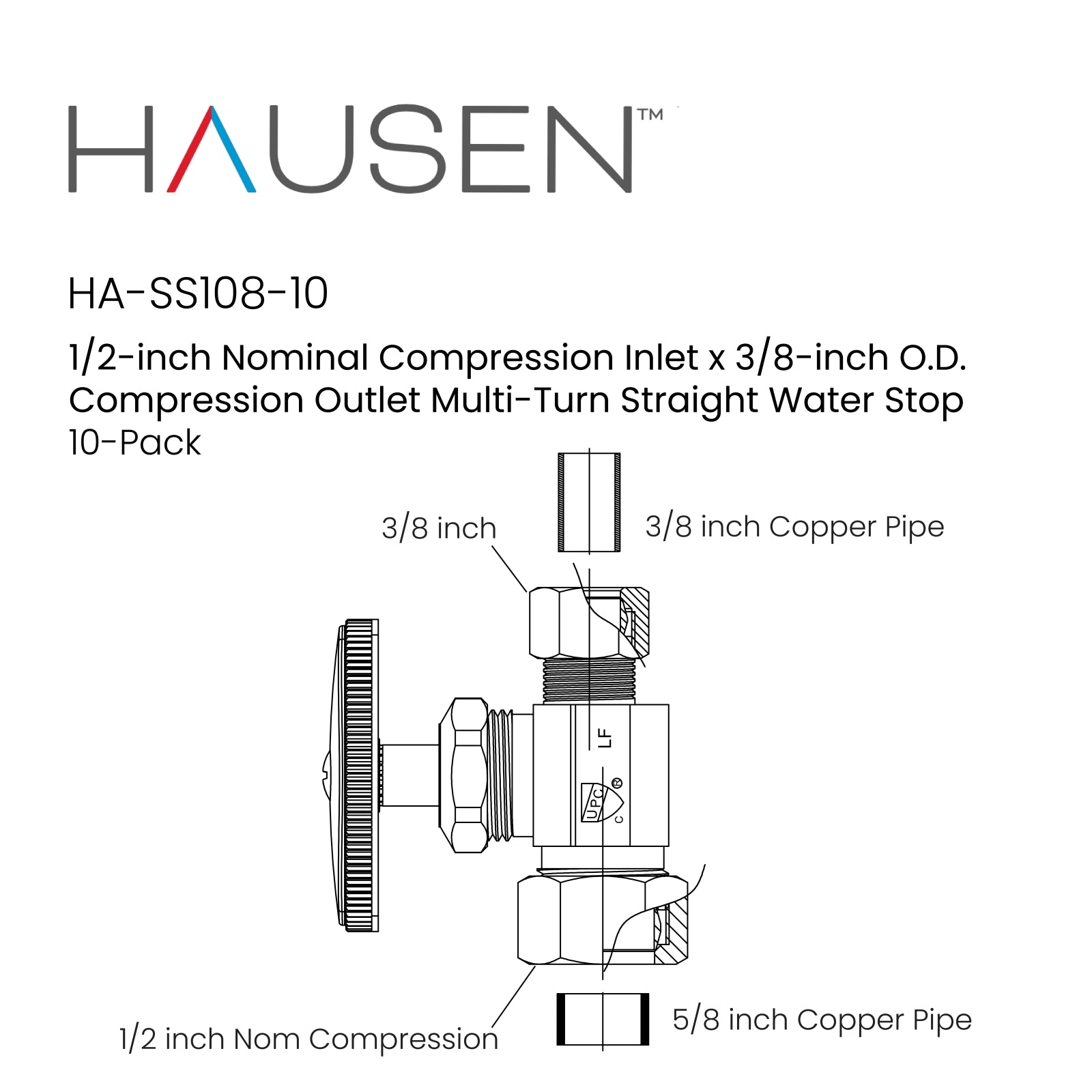 Hausen 1/2-inch Nominal Compression Inlet x 3/8-inch O.D. Compression Outlet Multi-Turn Straight Water Stop; Lead-Free Forged Brass; Chrome-Plated; Compatible with Copper Piping, 10-Pack