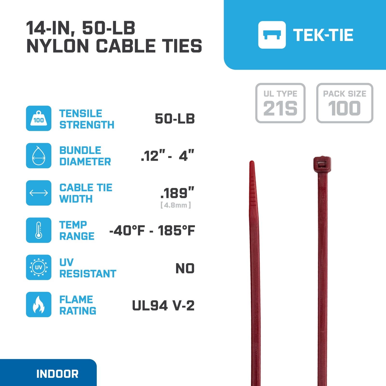 14-inch Plenum Multi-Purpose Cable Tie, 50-lb Tensile Strength, UL 21S Listed, 100-Pack