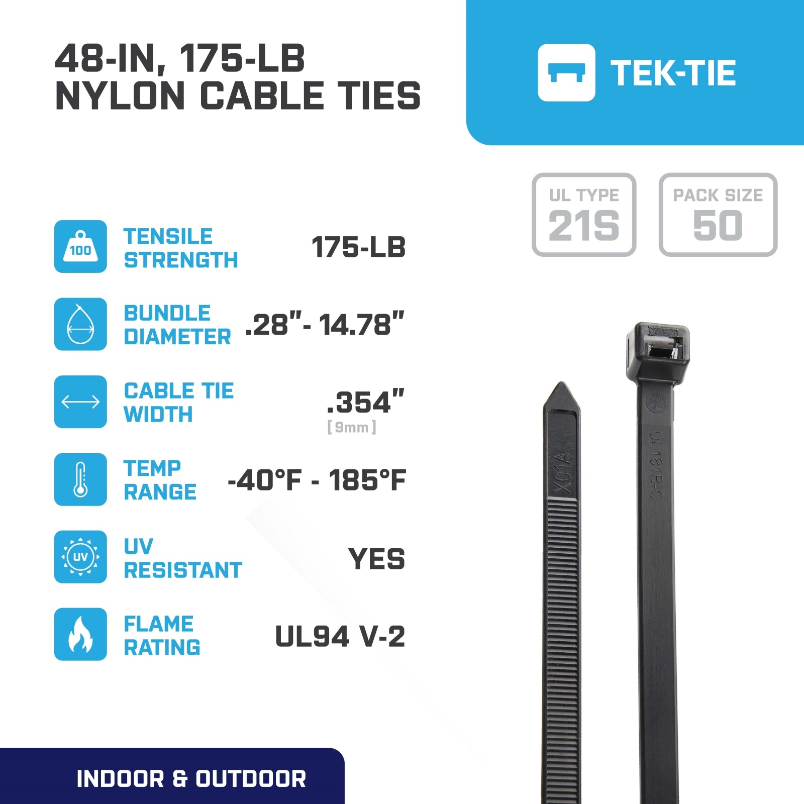 48-inch UV Resistant Black Multi-Purpose Cable Tie, 175-lb Tensile Strength, UL 21S Listed, 50-Pack