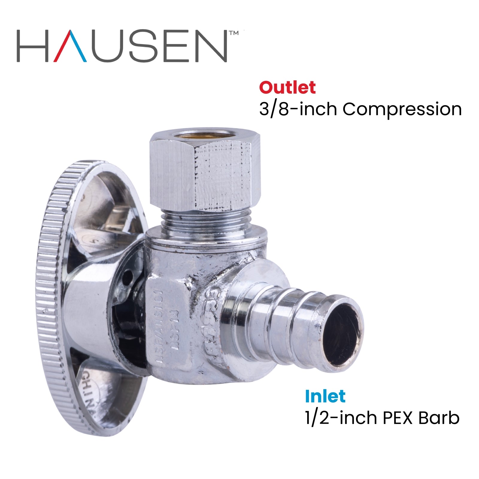 Hausen 1/2-inch PEX Barb x 3/8-inch Compression Outlet 1/4-Turn Angle Water Stop; Lead-Free Forged Brass; Chrome-Plated; cUPC/ANSI/NSF Certified; Compatible with PEX and Copper Piping, 1-Pack