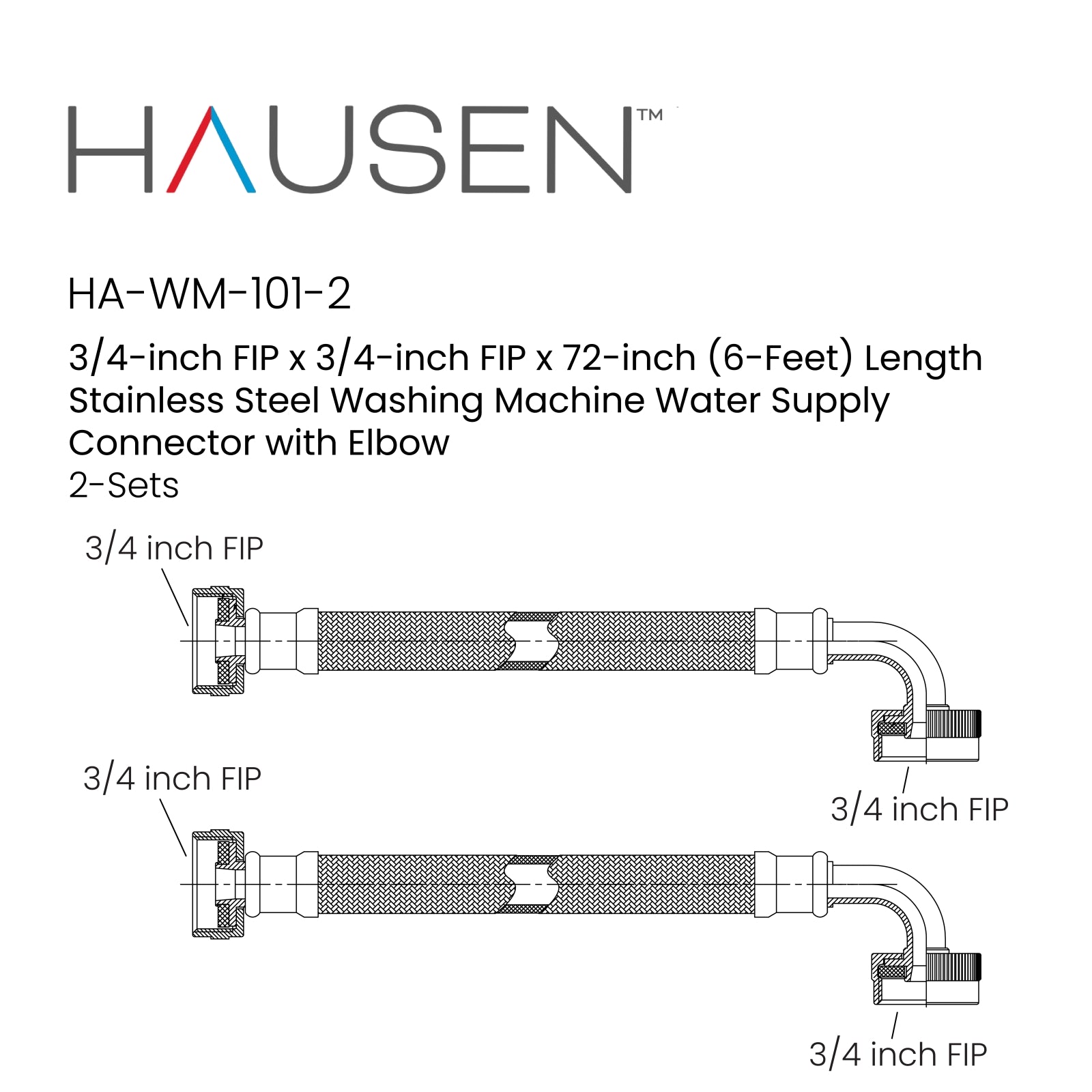 Hausen 3/4-inch FIP (Female Iron Pipe) x 3/4-inch FIP (Female Iron Pipe) x 72-inch (6-Feet) Length Stainless Steel Washing Machine Water Supply Connector with Elbow; For Cold & Hot Water Connections, 4-Pack