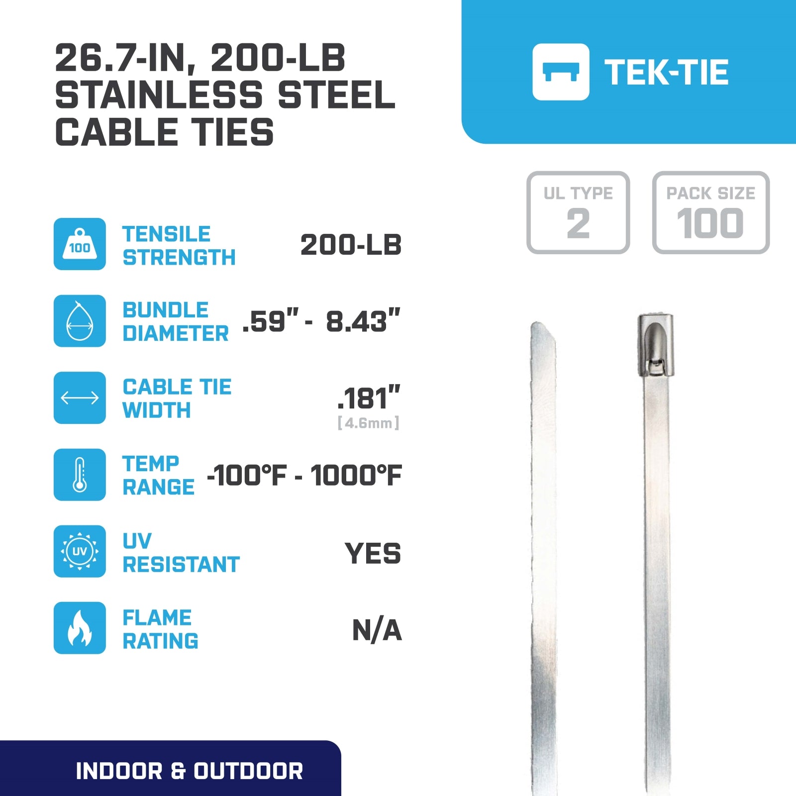 26.7-inch UV Resistant Stainless Steel Cable Tie, 200-lb Tensile Strength, UL 2 Listed, 100-Pack