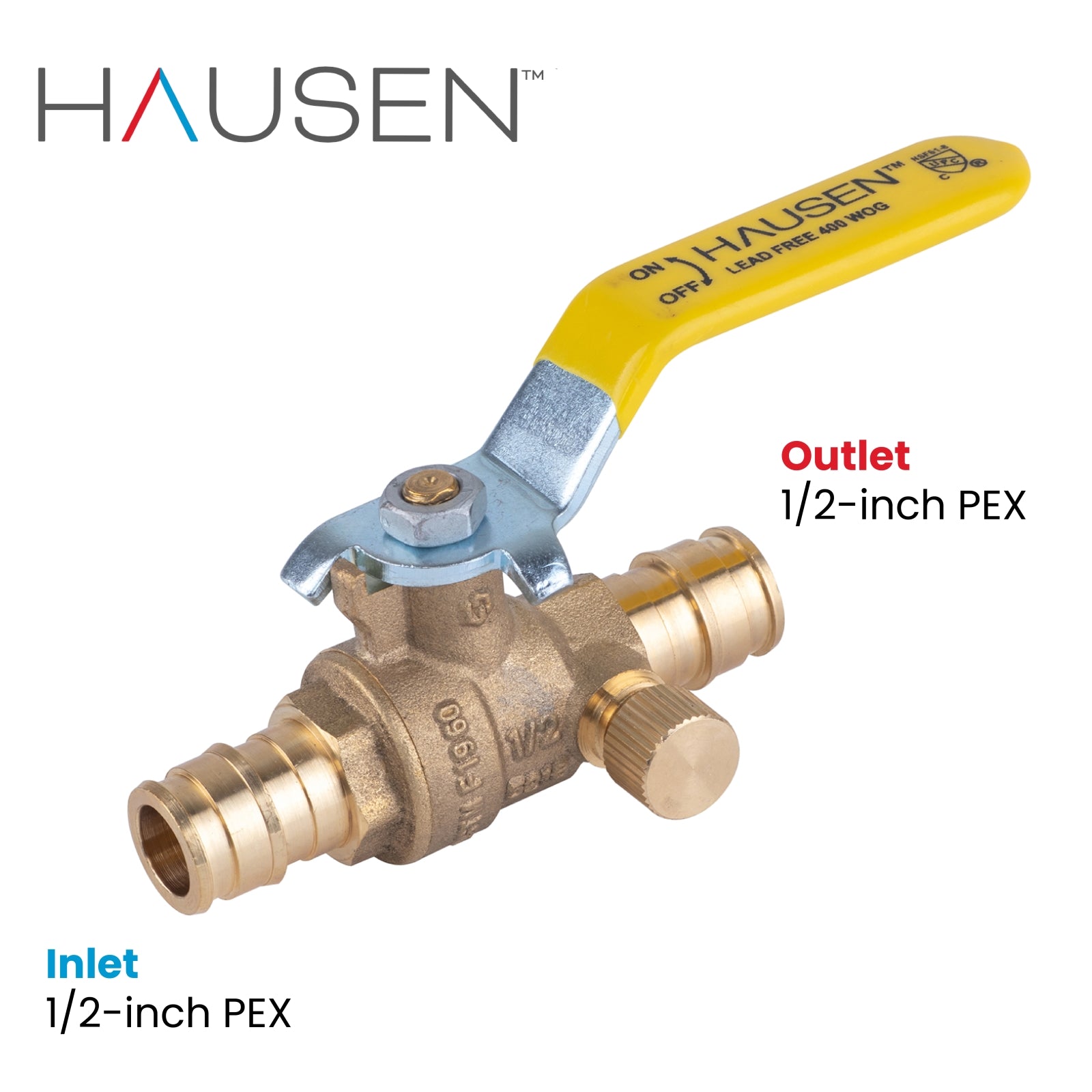 Hausen 1/2-inch PEX Standard Port Brass Ball Valve with Drain; Lead Free Forged Brass; Blowout Resistant Stem; cUPC/ANSI/NSF Certified; For Use in Potable Water, Oil and Gas Distribution Systems, 1-Pack