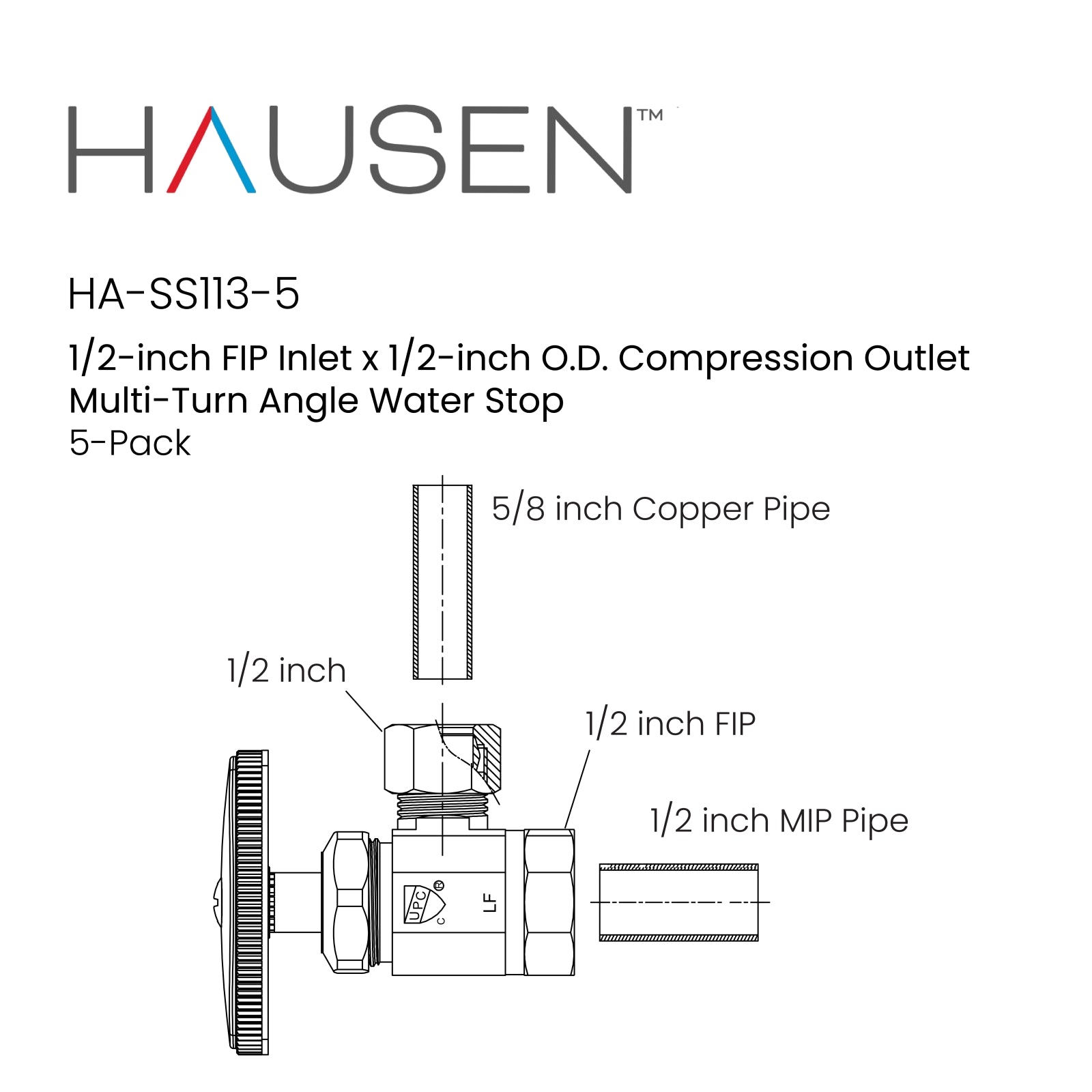 Hausen 1/2-inch FIP Inlet x 1/2-inch O.D. Compression Outlet Multi-Turn Angle Water Stop; Lead-Free Forged Brass; Chrome-Plated; cUPC/ANSI/NSF Certified; Compatible with Iron and Copper Piping, 5-Pack