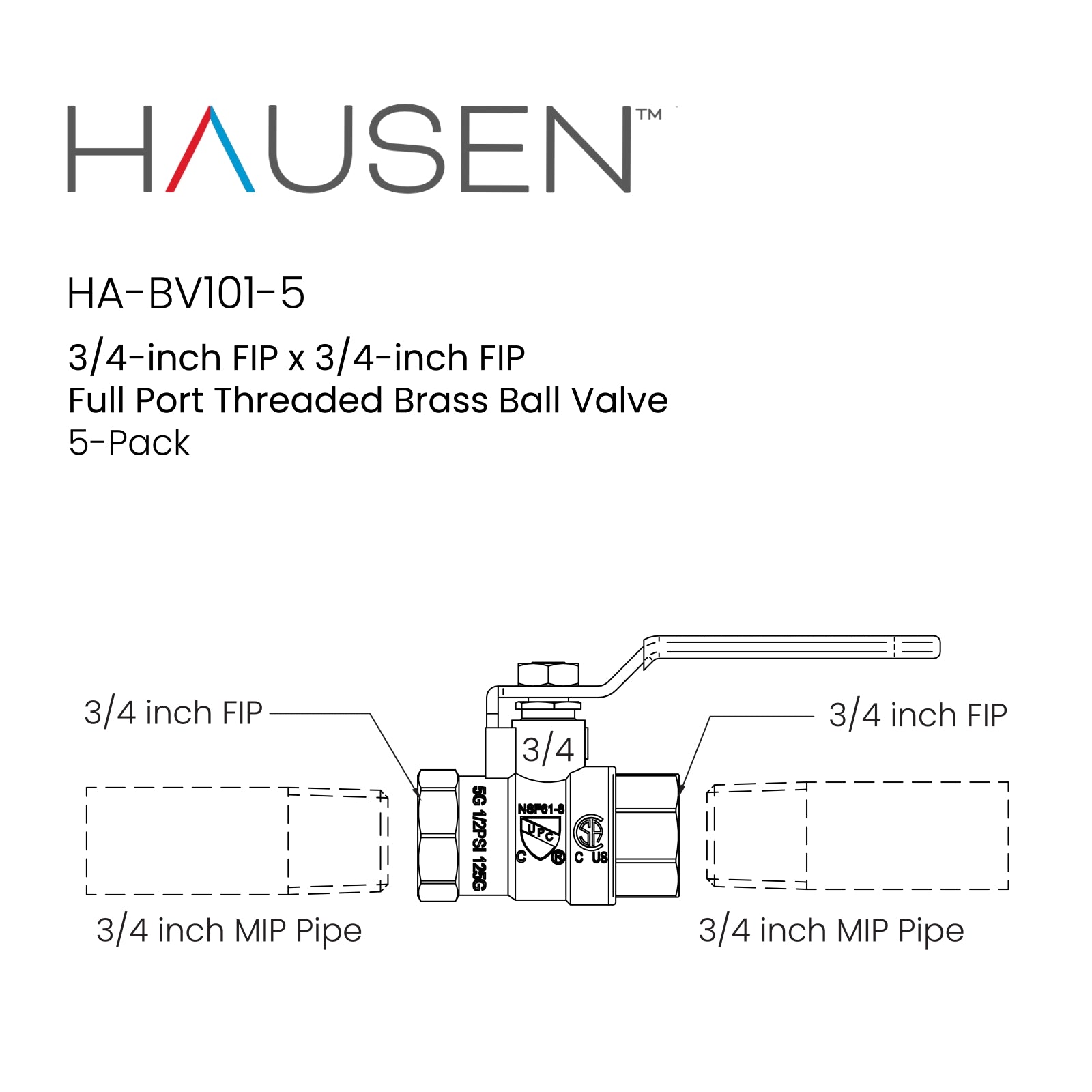 Hausen 3/4-inch FIP (Female Iron Pipe) x 3/4-inch FIP (Female Iron Pipe) Full Port Threaded Brass Ball Valve; Blowout Resistant Stem; For Use in Potable Water Distribution Systems, 5-Pack